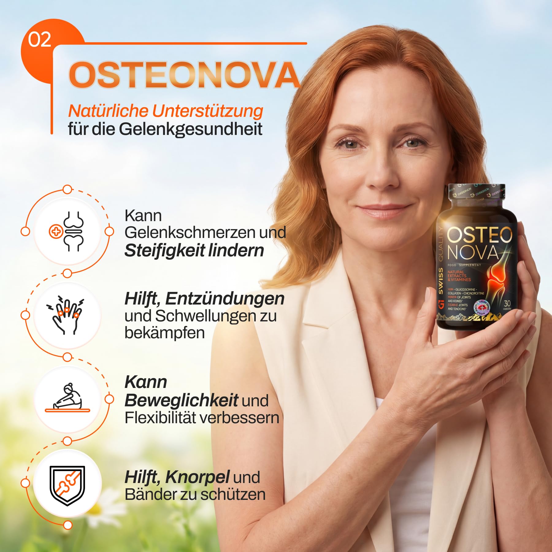 Kapseln OSTEONOVA | Nahrungsergänzung für Gelenke und Beweglichkeit | Mit Glucosamin, MSM, Chondroitin, Vitamin C, Ingwer, Boswellia, Kurkuma und Teufelskralle | 30 Kapseln