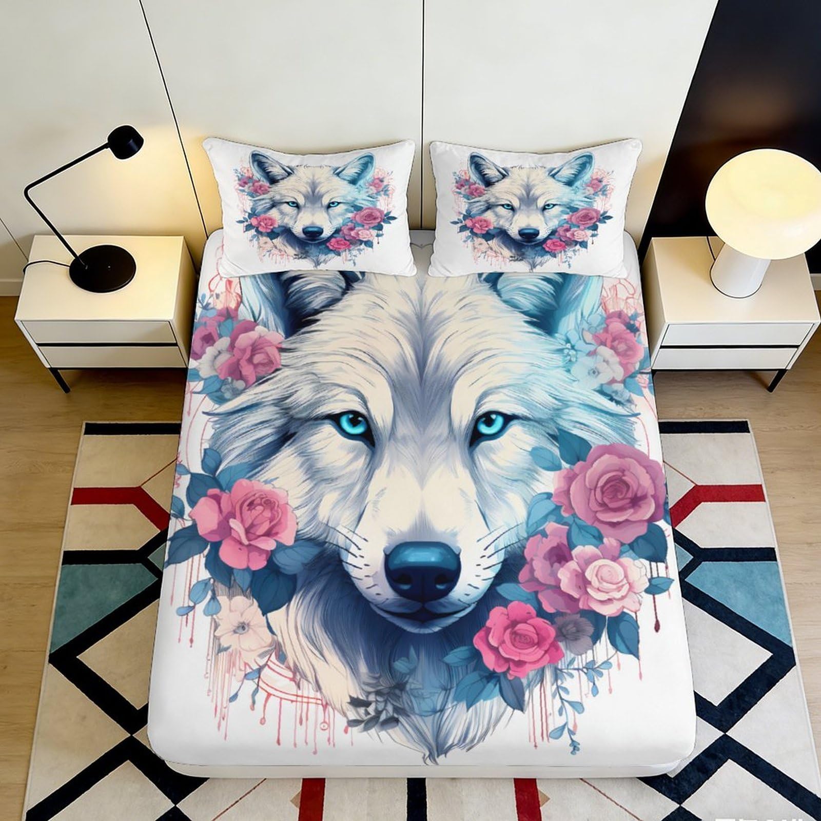 3D Printed Wolf Floral Fitted Sheet Microfiber Deep Pocket Elastic Hem Bedroom Bedding Wolf Floral Mattress Fitted Cover Washable 200x200x25cm 90x200x25cm