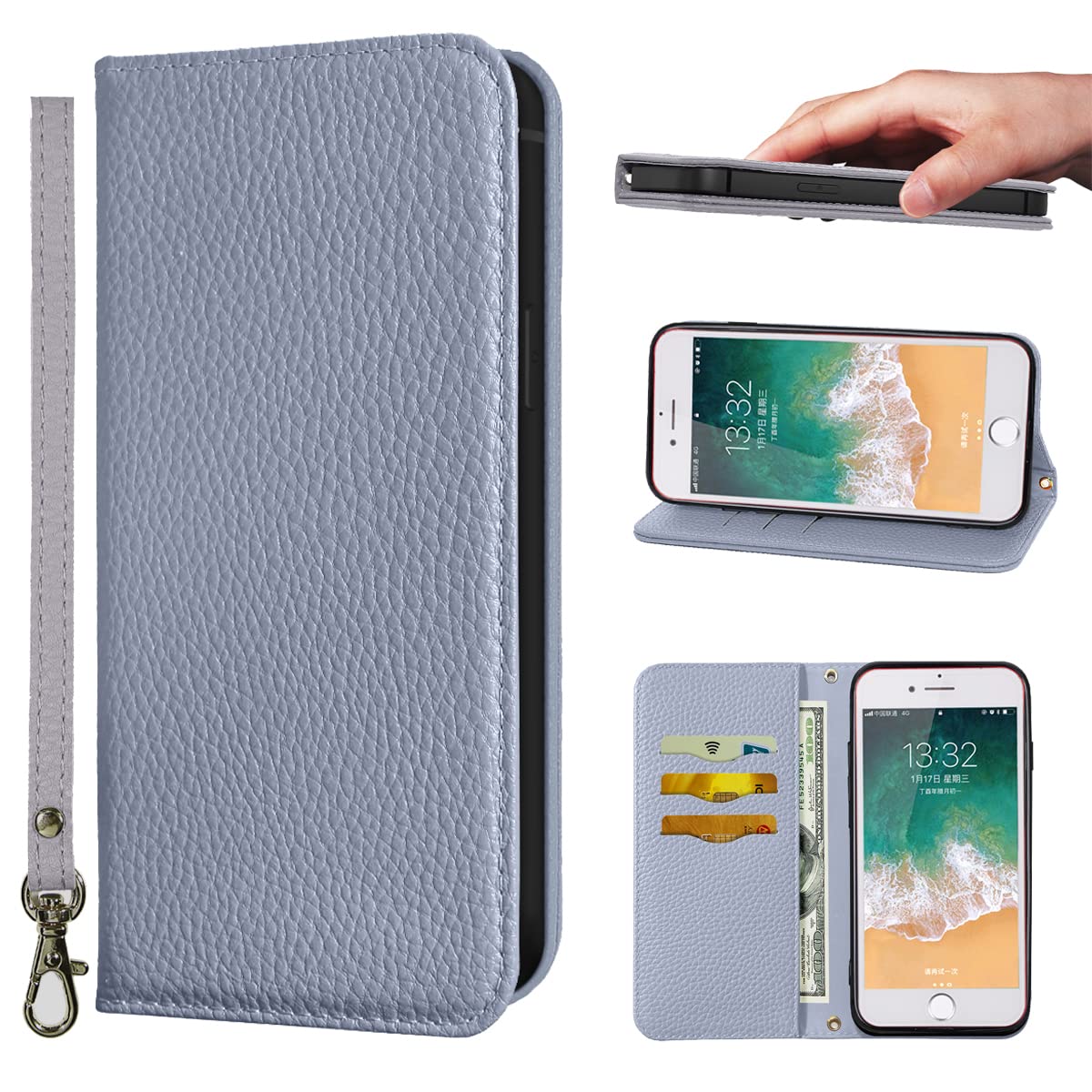 NanHou iPhone SE 2020 iPhone 7/8 Case Microfiber Leather RFID Blocking Wallet Magnetic Closure Kickstand Wrist Strap Card Holder Shockproof Flip Cover - grey