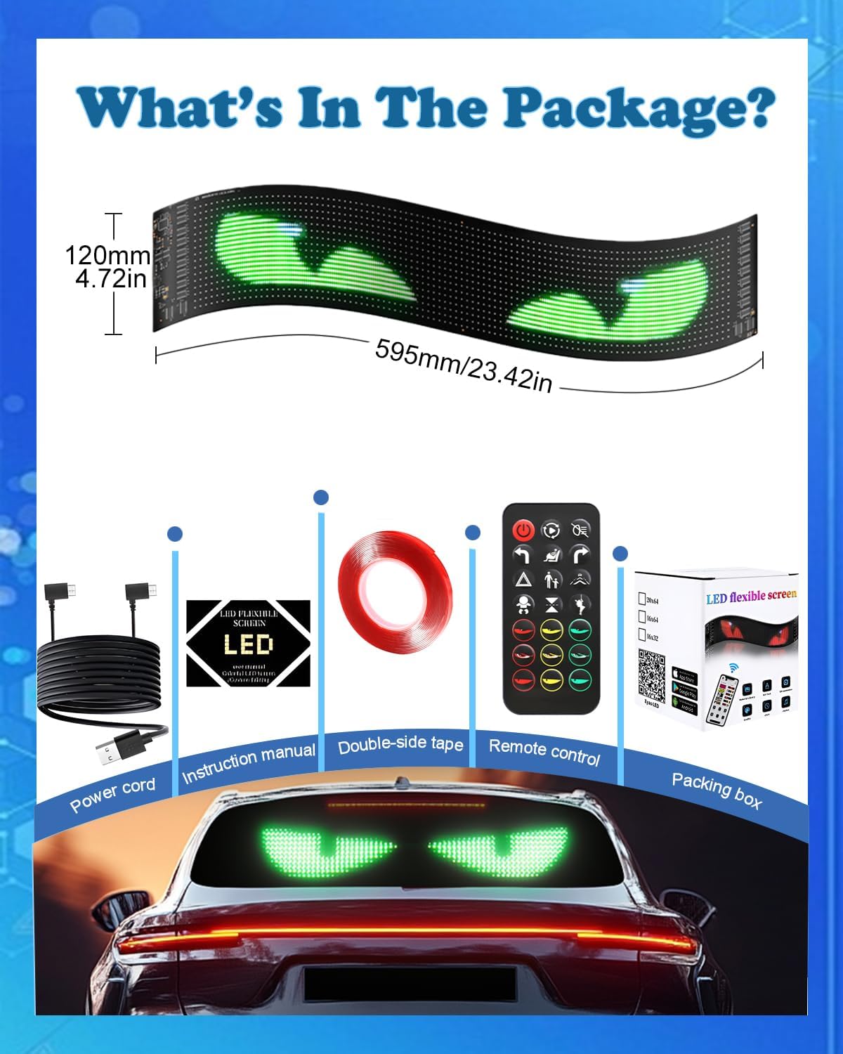 Programmable Devil Eyes Light for Car Windshield, 23.4“x4.7” Flexible Scrolling LED Display with Bluetooth App & Remote Control, Custom Text, Animations & Graphics for LED Advertising Display
