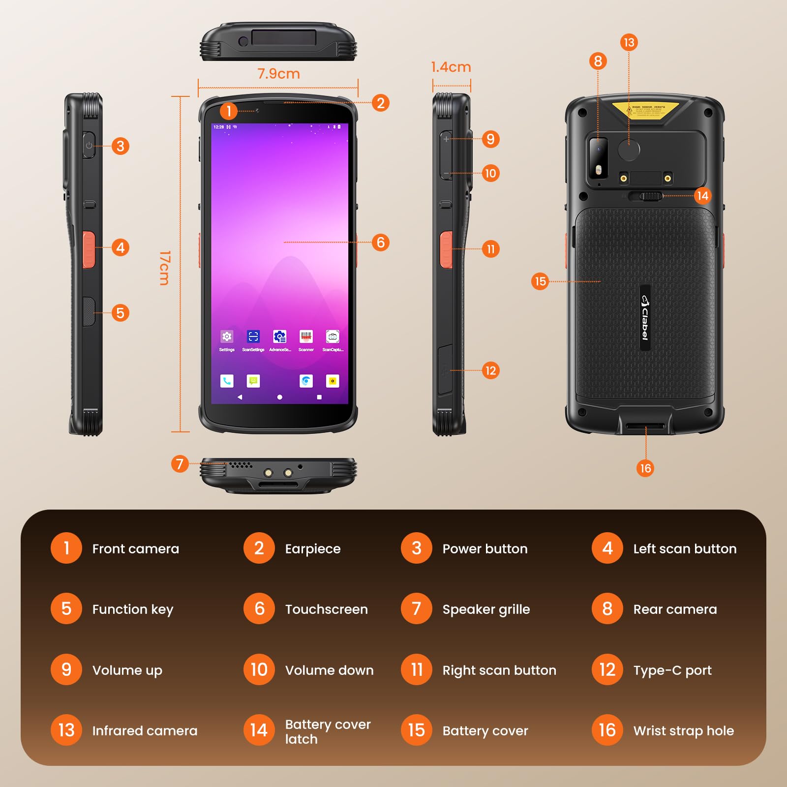 CLABEL M93 Lector de Códigos de Barras Android 14, PDA Industrial con Pantalla Táctil de 6", Terminal Portátil Computadora Móvil IP67, Escáner 1D 2D para Gestión de Almacén Logística e Inventario