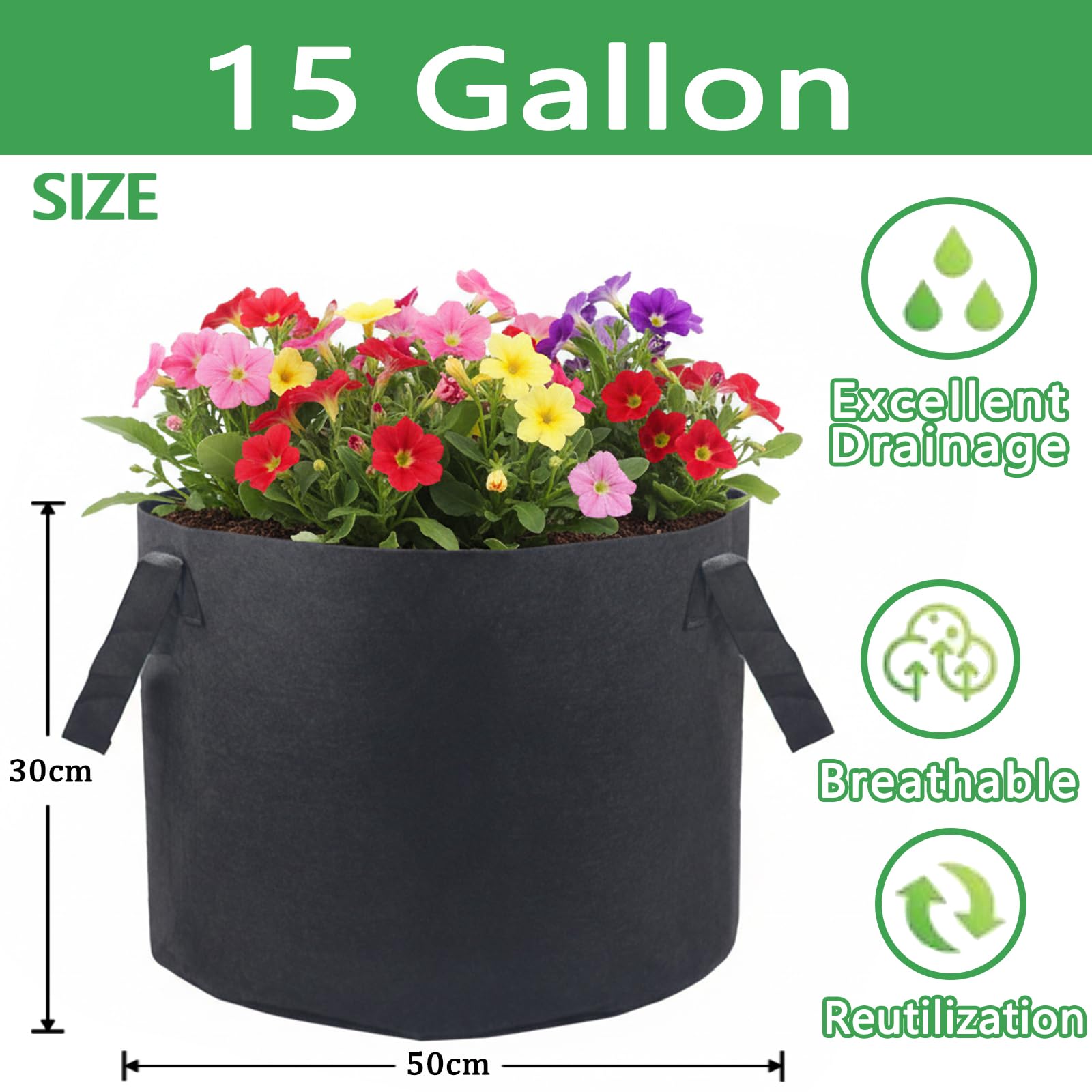 Lot de 6 sacs de culture de légumes, sacs de culture de plantes de 50 litres, en tissu épais respirant non tissé avec poignées pour intérieur et extérieur pour légumes, fleurs, tomates, fraises