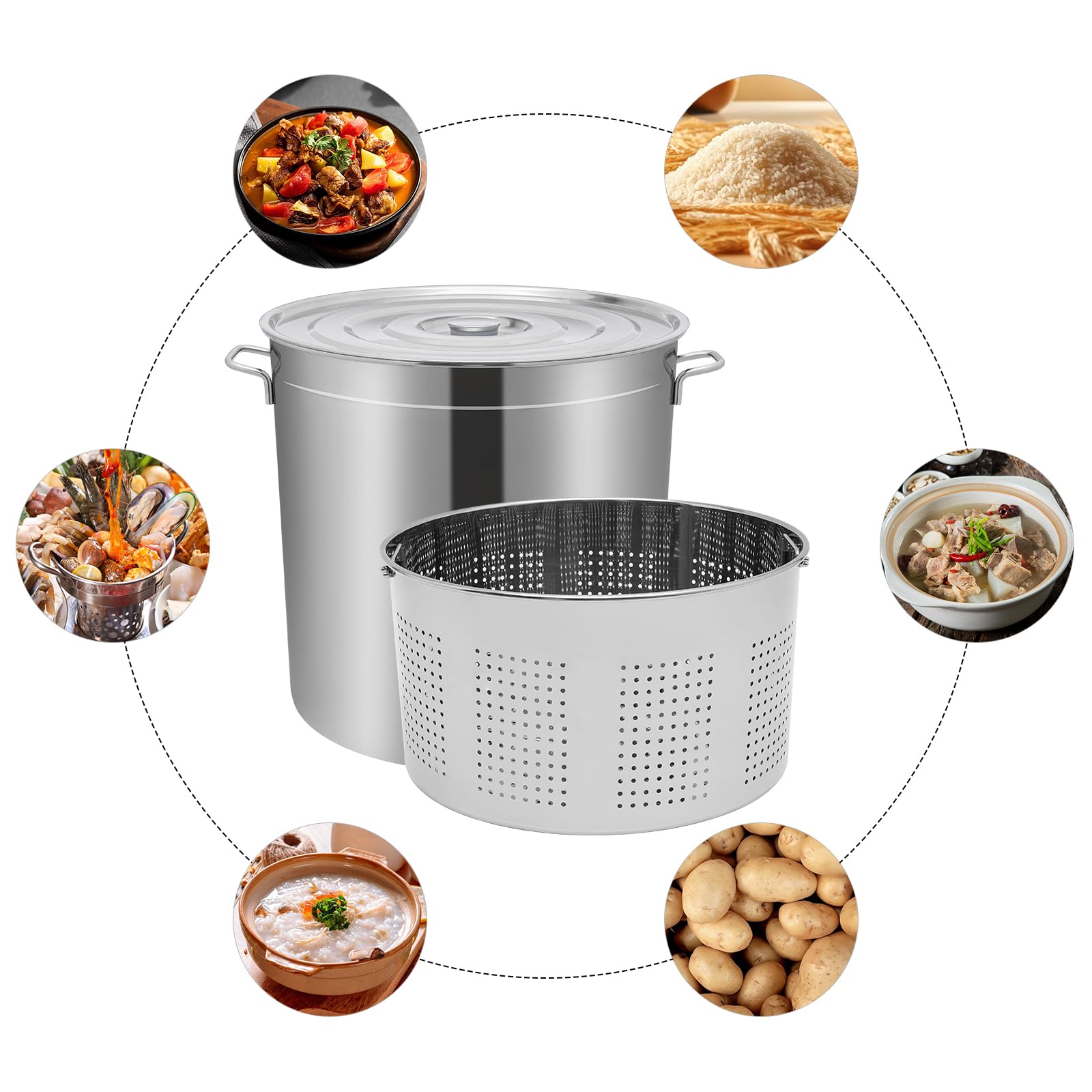 Pentola da 100 litri con coperchio e cestello, in acciaio inossidabile spesso con cestello, grande capacità, per feste familiari e commerciali