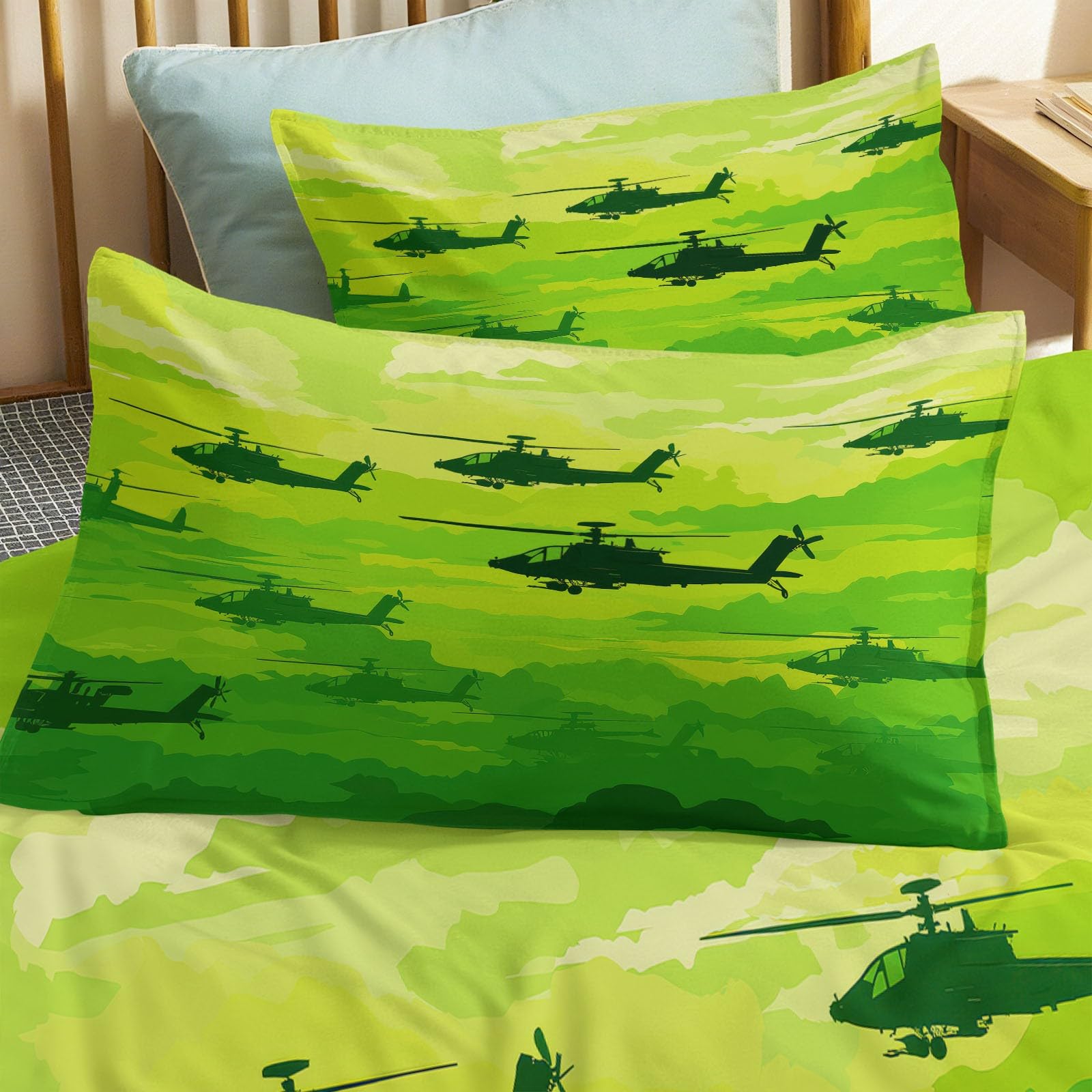 Poszewka na kołdrę do pojazdów helikopterów moro - 3-częściowy zestaw pościeli 100% mikrofibra - poszwa na kołdrę z nadrukiem 3D z zamkiem błyskawicznym - miękka i oddychająca pościel, zielona, 220 x
