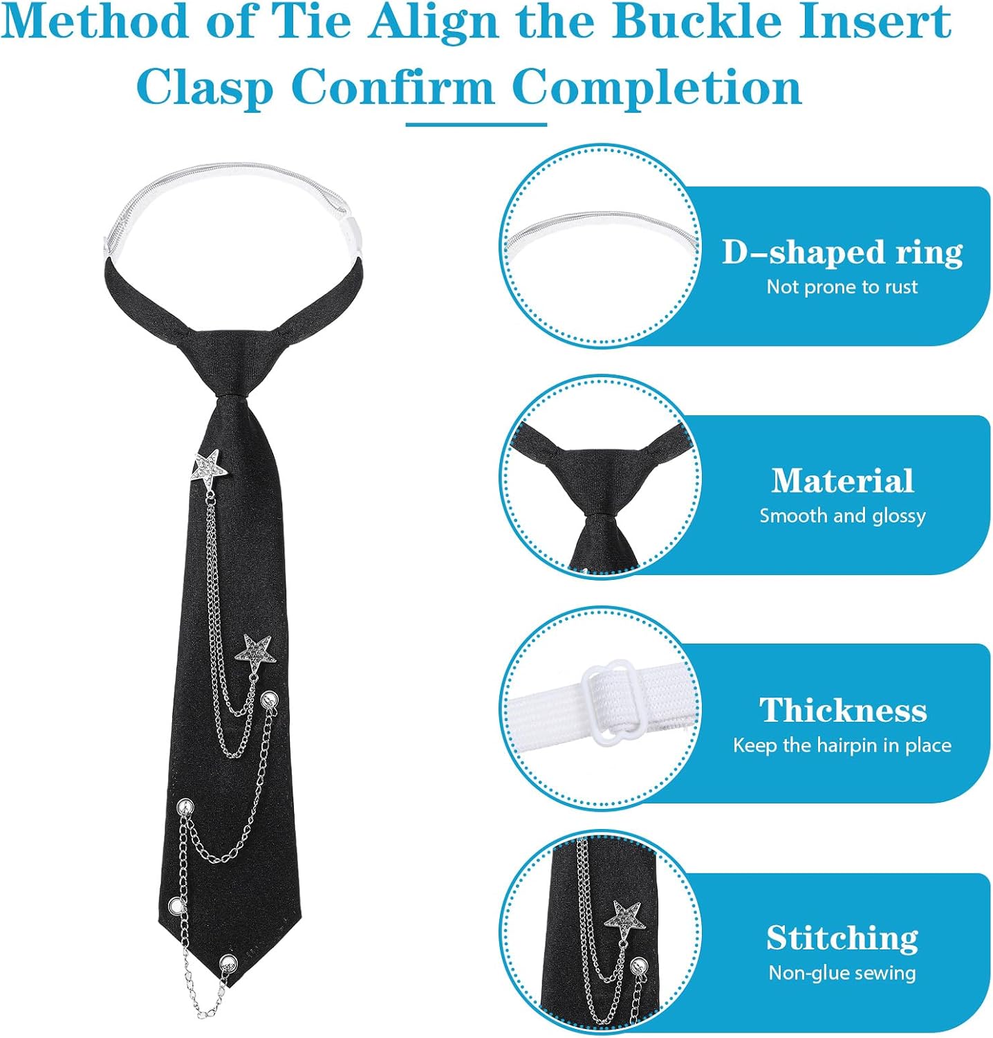 Sibba Black Ties for Men Women 2 PCS Unisex Punk Metal Chain Necktie with Star Belt and Pre-Tied Adjustable Black Tie for Party School Uniforms JK/JC Cosplay Graduation Y2K Goth Accessories