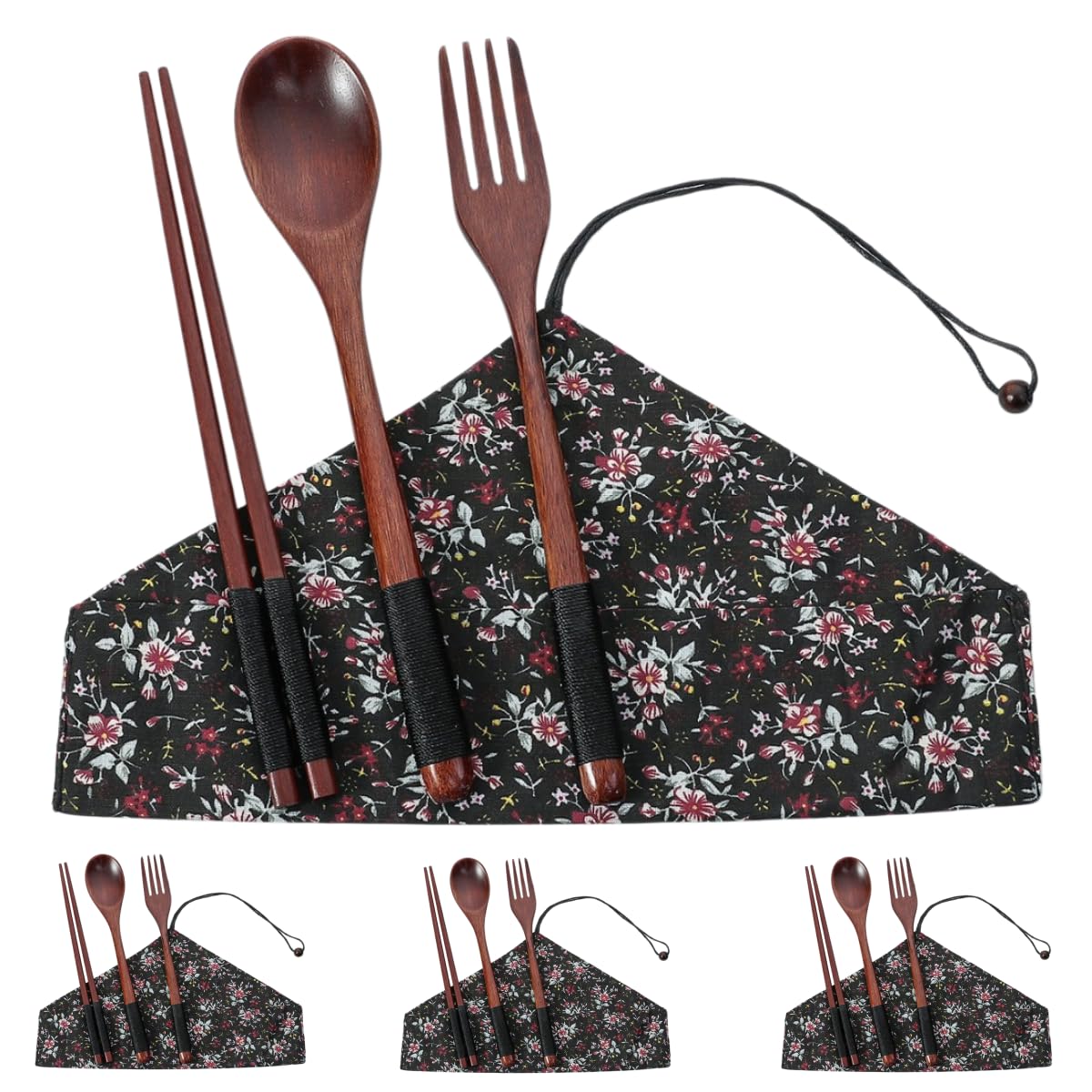 Cucchiai E Forchette Di Legno Set Portatile Di Bacchette Cucchiai E Forchette In Legno Di Noce Con Custodia Fantasia Floreale Nera 4 Set