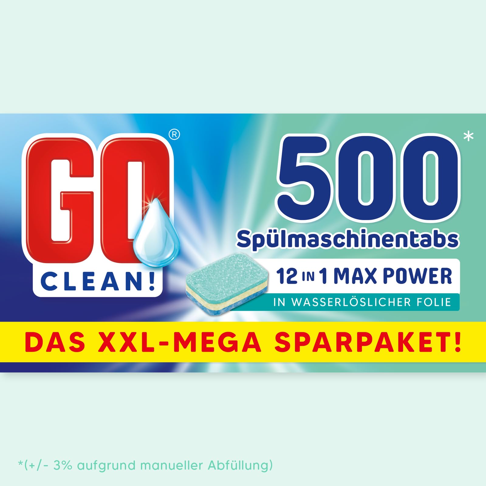 GO clean! Spülmaschinentabs Multi 12-in-1 MAX POWER – 10 kg ca. 500 Stück 20g, XXL-Sparpaket in wasserlöslicher Folie mit starker Reinigungskraft gegen Schmutz und Fett