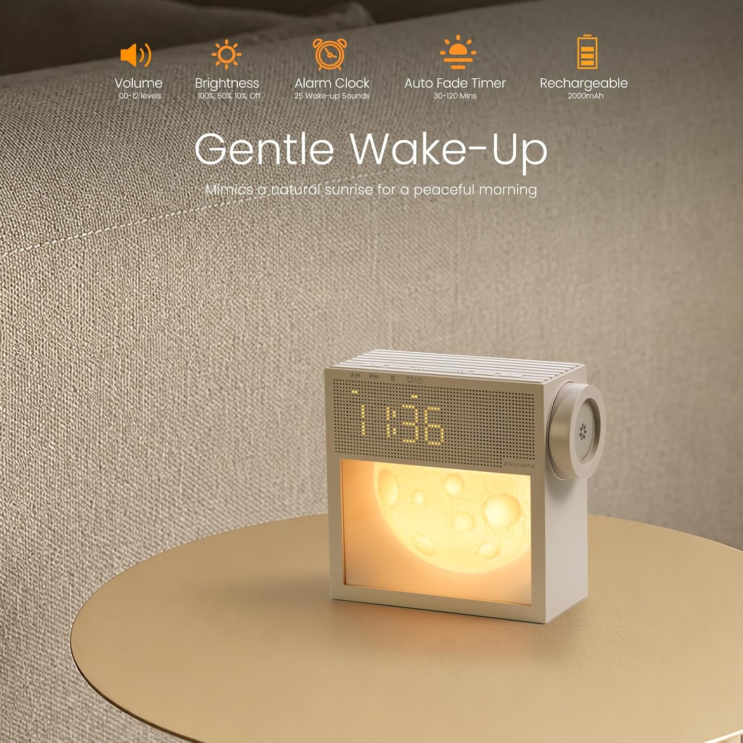 Sunrise Alarm Clock with Sound Machine, 2000mAh, Wake-up Light, 20 White Noise Sounds Machine with 30-120 Mins Sleep Timer, 4-Level Touch Moon Night Light, Bedroom Decor Gift for Her