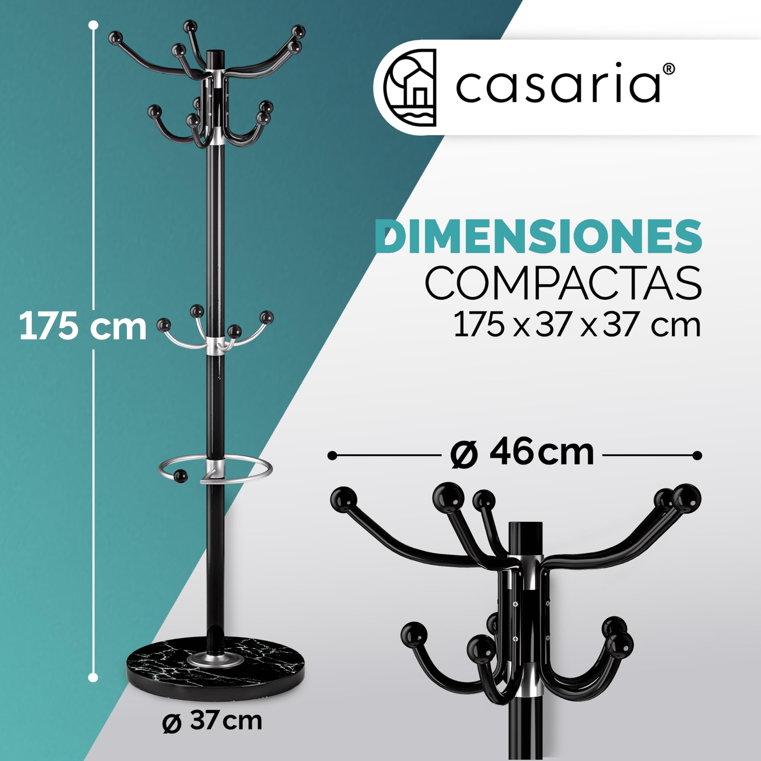 CASARIA® Perchero de Pie, Forma de Árbol, Percheros Pasillo,14 Ganchos, Base Mármol, Recibidor Entrada, Colgador Chaquetas Sombreros Ropa Resistente Bolsos 175x37cm