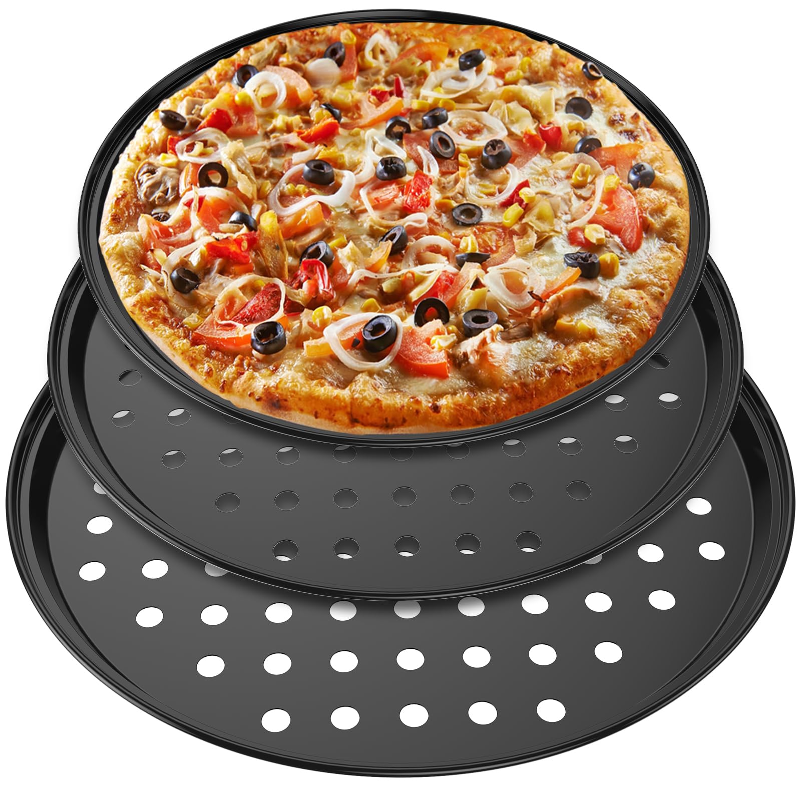 LYDODOKA Pizza Pan for Oven, Round Pizza Pan with Holes, Non-Stick Carbon Steel Pizza Tray, Pizza Baking Sheet for Cooking, Baking and Grilling - Dishwasher Safe (3-Set-Size), Black