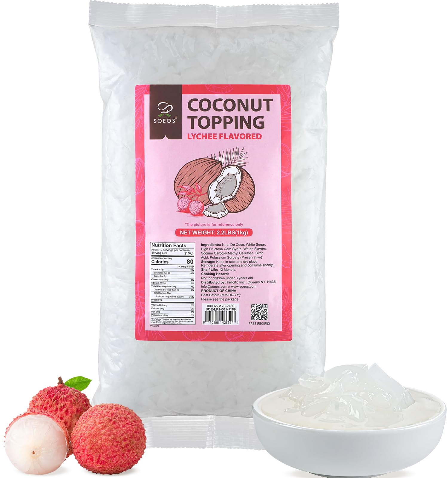 Soeos Lychee Flavored Coconut Jelly Strips, 2.2 lbs (1 Kg), Lychee Jelly for Boba Tea, Sweet and Chewy Tropical Snack, Perfect Topping for Ice Cream,