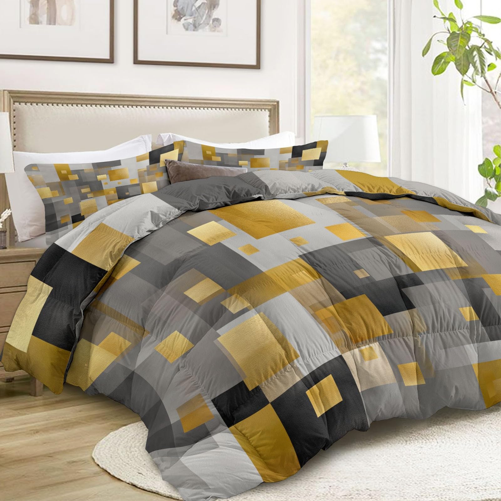 Completo Copripiumino Imbottito 200 x 200 cm Geometria Moderna Architettura Cubo Trapunta Tutto in Uno, Microfibra Traspirante & Lavabile Edredón – Set 3 Pezzi con 2 Federe, Design Elegante, Grigio