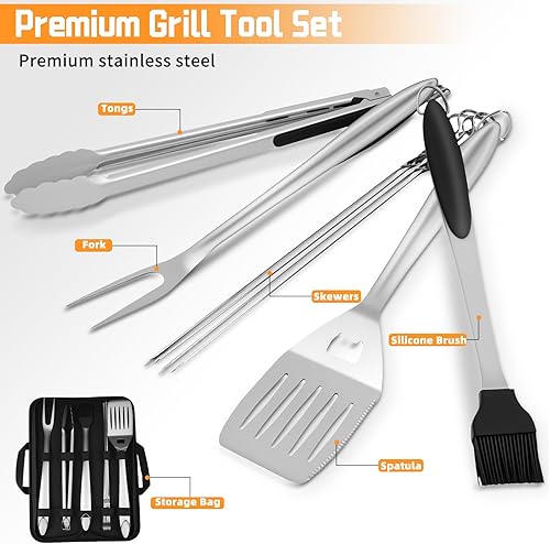 Miniatura 9 de 9 piezas de accesorios para parrilla de acero inoxidable resistente, juego de herramientas de barbacoa profesional con bolsa portátil, regalos de
