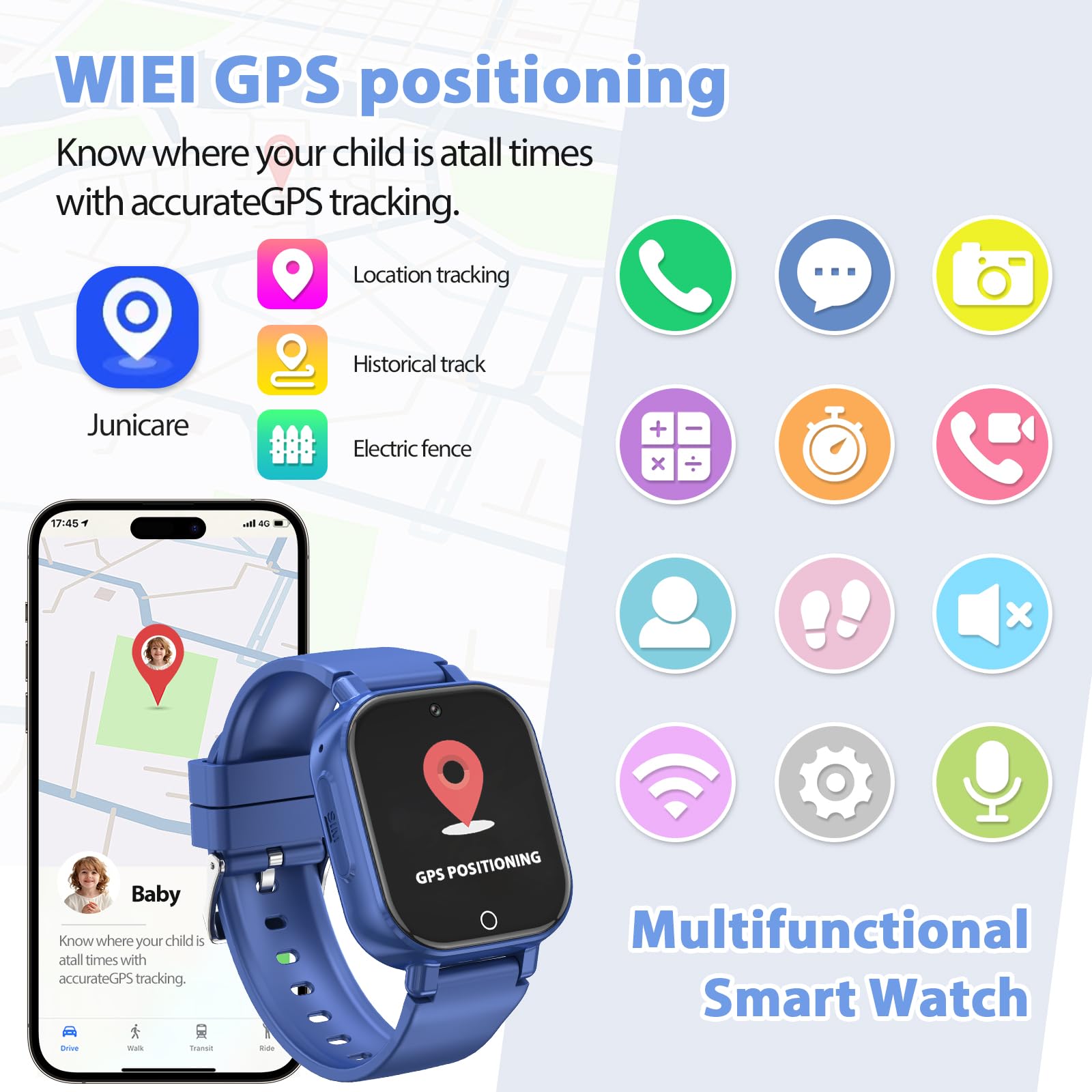 Smartwatch Bambini, Orologio Bambina con GPS, IP68 Smartwatch Bambino Chat Video/Vocale/WIFI/Ricezione SMS SOS Modalità Scuola Piccolo Orologio per Bambini, Regali Bambino Dai 4 Anni in Su, Blu