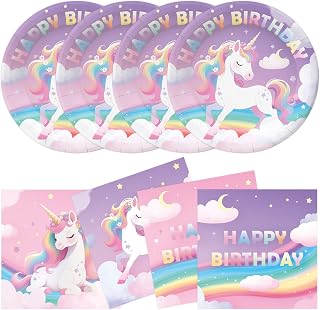 50Pcs Unicorn Birthday Plates and Napkins Party Supplies, Disposable Pastel Rainbow Paper Plates Napkins Tableware Set for Unicorn Birthday Party Decorations