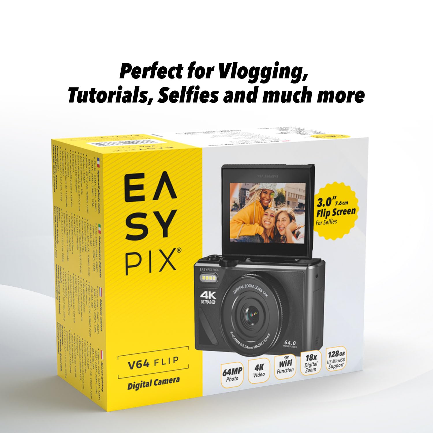 Easypix V64 Flip, fotocamera digitale con flip-screen, display pieghevole da 3,0", risoluzione fino a 64 MP, zoom digitale 18x, WiFi, perfetto per vlogger e selfie
