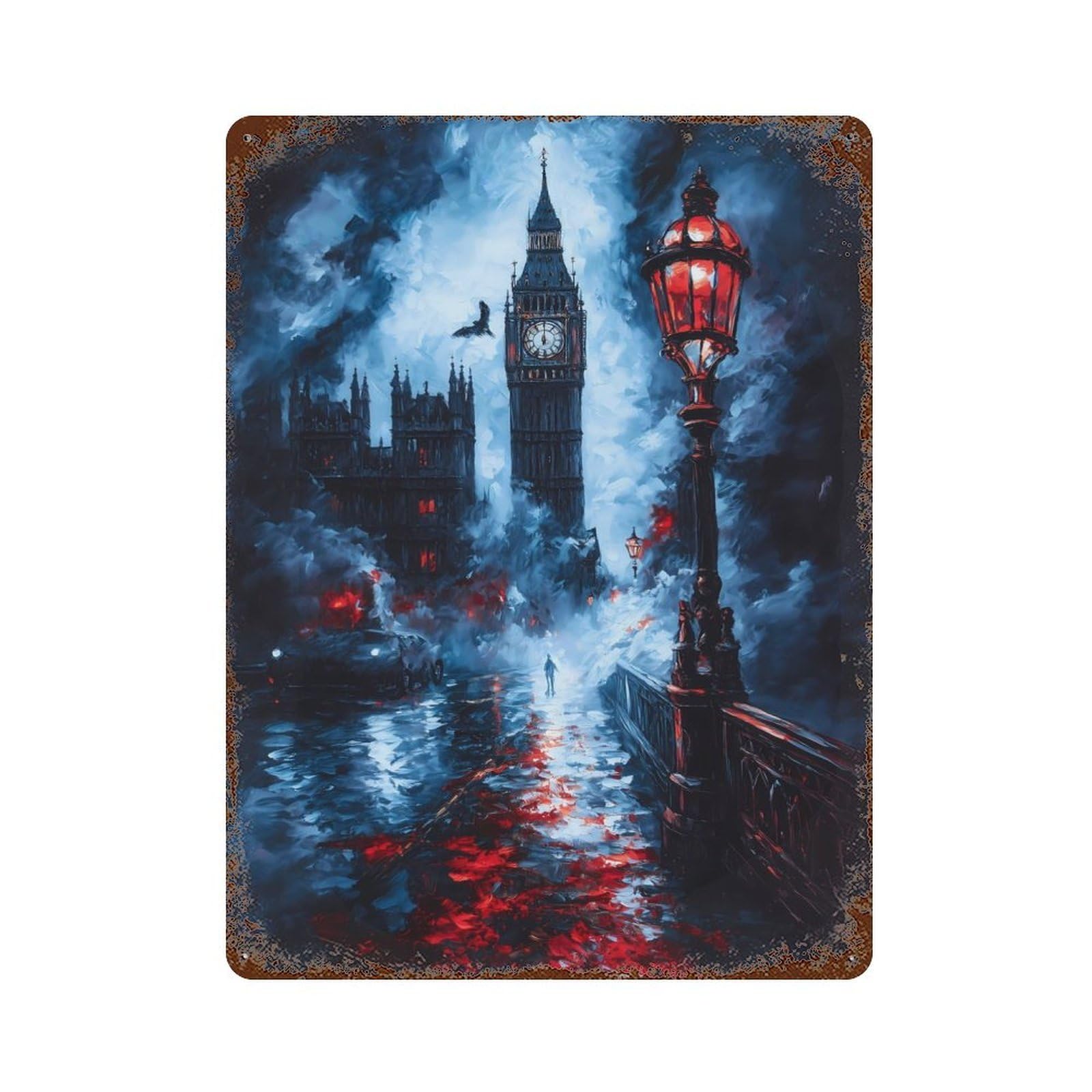 Aged Metal Wall Plaque with London Fog & Big Ben Design 15.7"x11.8", for Basement, Hobby Room And Garage Decor, Farmhouse Wall Decor