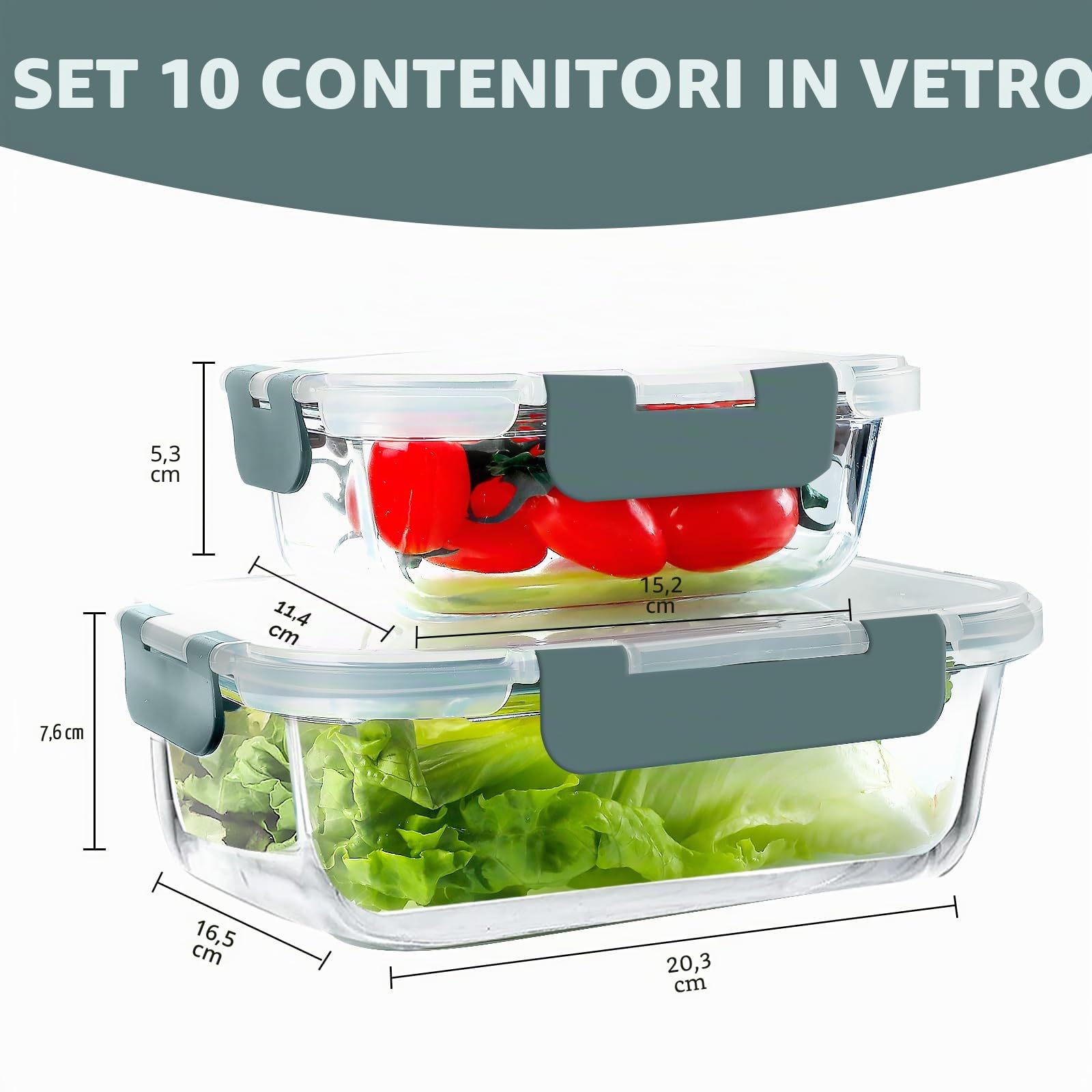 VERONES 10 scatole di vetro per il pranzo, contenitore impilabile in vetro per alimenti con coperchio, senza BPA, adatto a microonde, forno, frigorifero e lavastoviglie, grigio