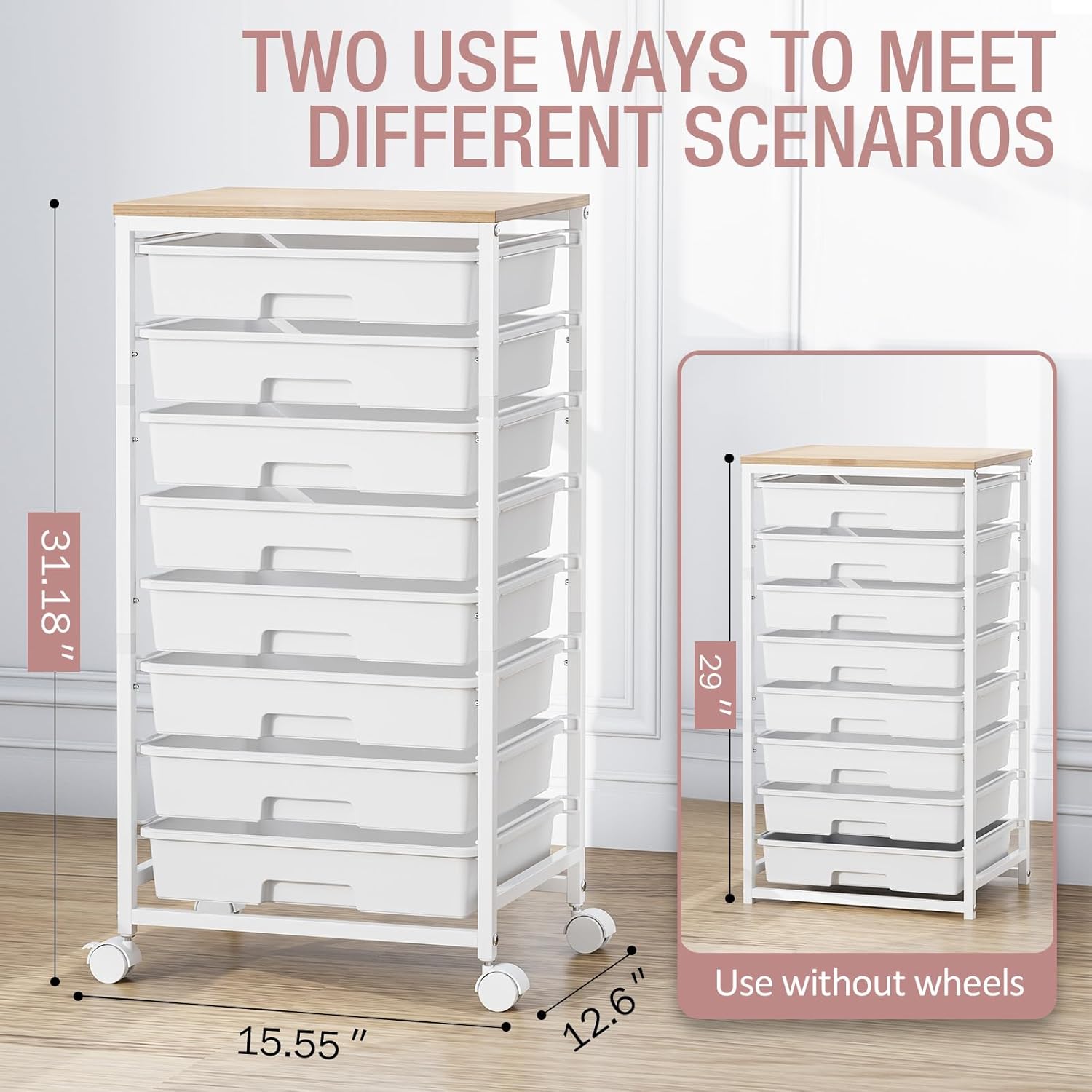 Storage Cart with 8 Drawers, Utility Cart with White Drawers and Wooden Tabletop, Craft Cart, Teacher Organization for Classroom,White - Image 3