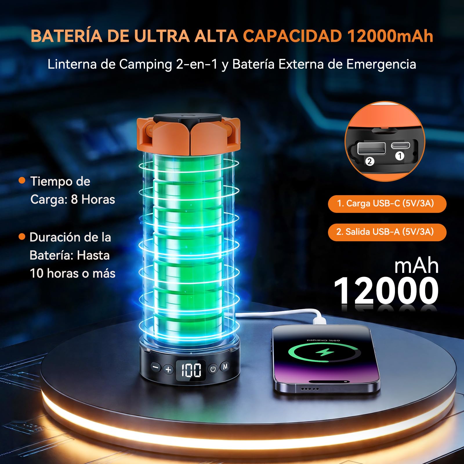 Lámpara de Camping Recargable con Trípode, 12000 mAh, 3 Colores de Luz, Trabajo LED Regulable de 6000 lm con Gancho Magnético y SOS, IP65, Adecuada para Talleres, Obras de Construcción y Emergencias.