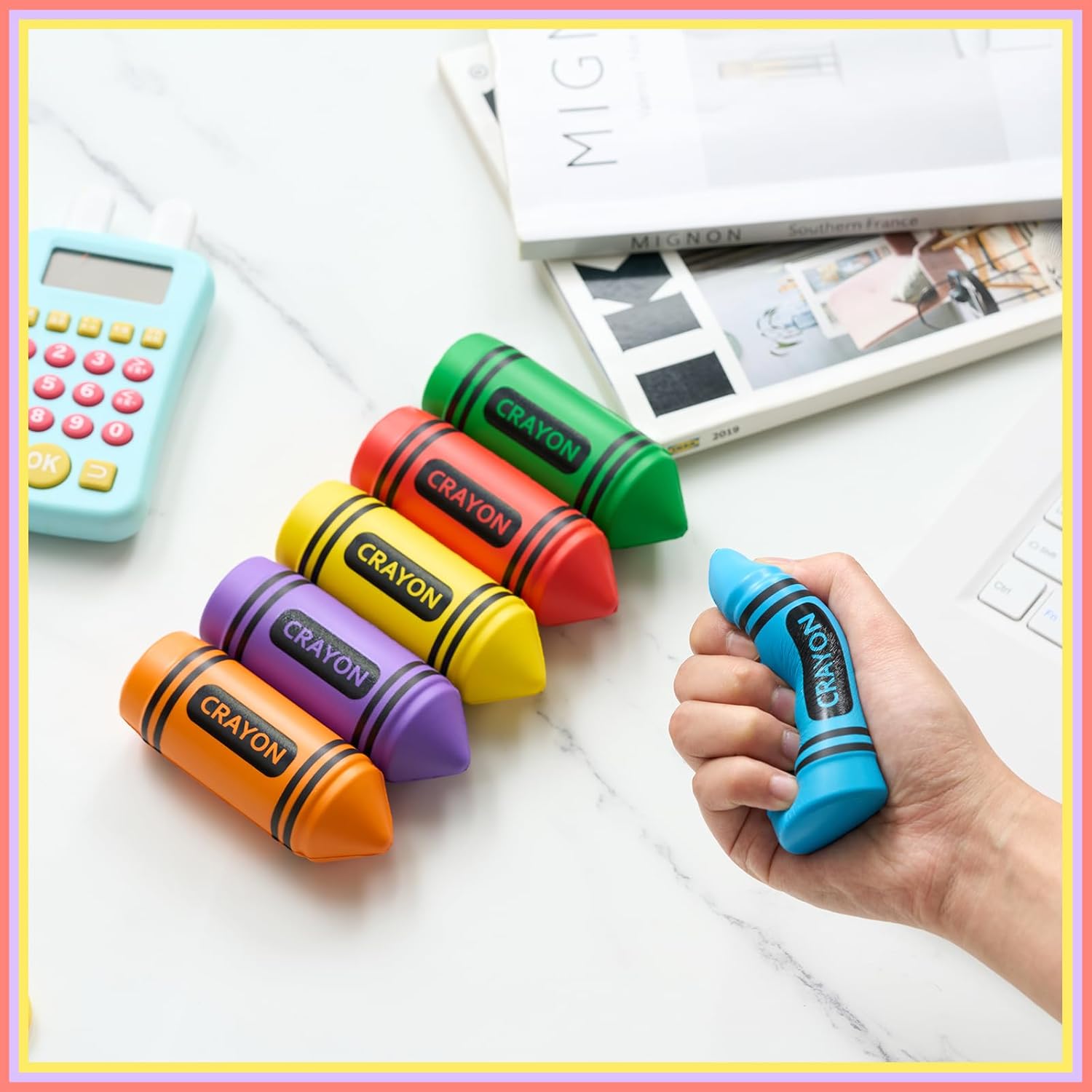 Wiwiqing 6 Pcs 3.94 Inches Crayon Stress Balls Toys Teacher Gift Kids Adult Classroom School Student Reward Graduation Party Favors Prizes Motivational Foam Stress Relief Slow Rising Hand Squeeze