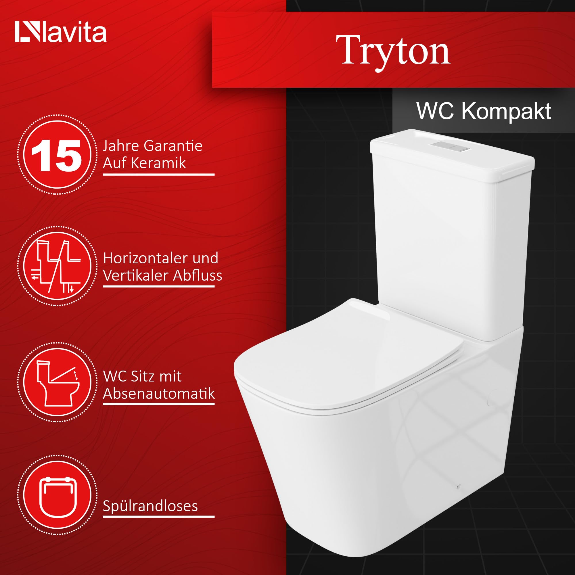 LAVITA Einteilige Stand-WC mit eingebautem Spülkasten TRYTON WHITE | WC deckel mit Absenkautomatik Keramik Toilette Spülrandlos Toilettenschüssel Set Toilettenbecken Stehend + WC-Anschlussstück