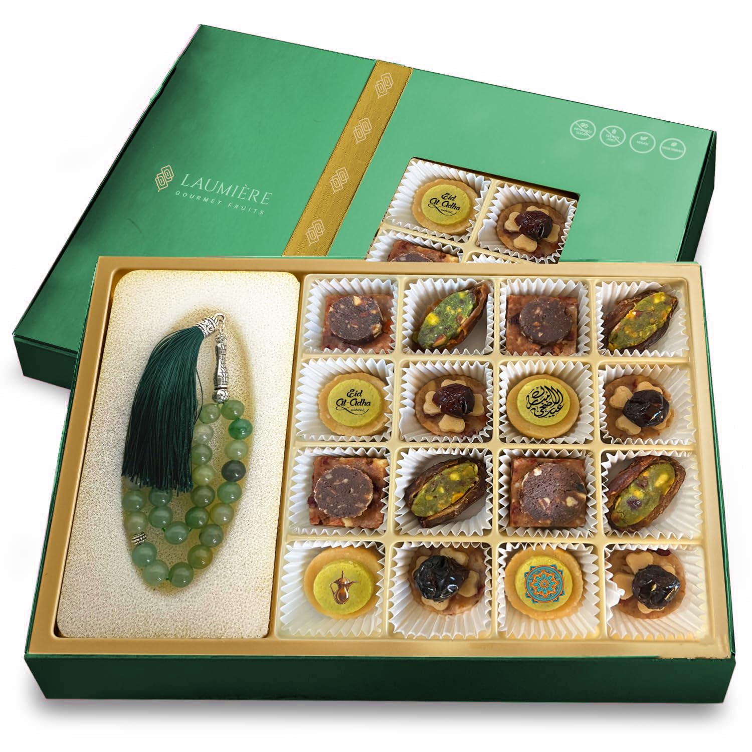 Laumiere Gourmet Fruits - Noor Eid Misbah Collection - Includes Natural Green Aventurine Misbah - Dried Fruits and Nuts Basket - Box - Hamper - Certified Halal - Festive Celebrations - No Added Cane Sugar - Healthy - Natural