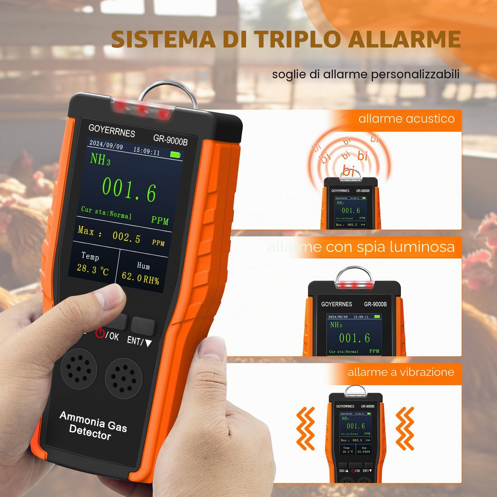 Rilevatore di gas ammoniaca Rilevatore di gas NH3 portatile con allarme Temperatura Umidità Sensore digitale per il monitoraggio continuo dell'ammoniaca Intervallo 0-100 PPM Schermo LCD Ricaricabile A