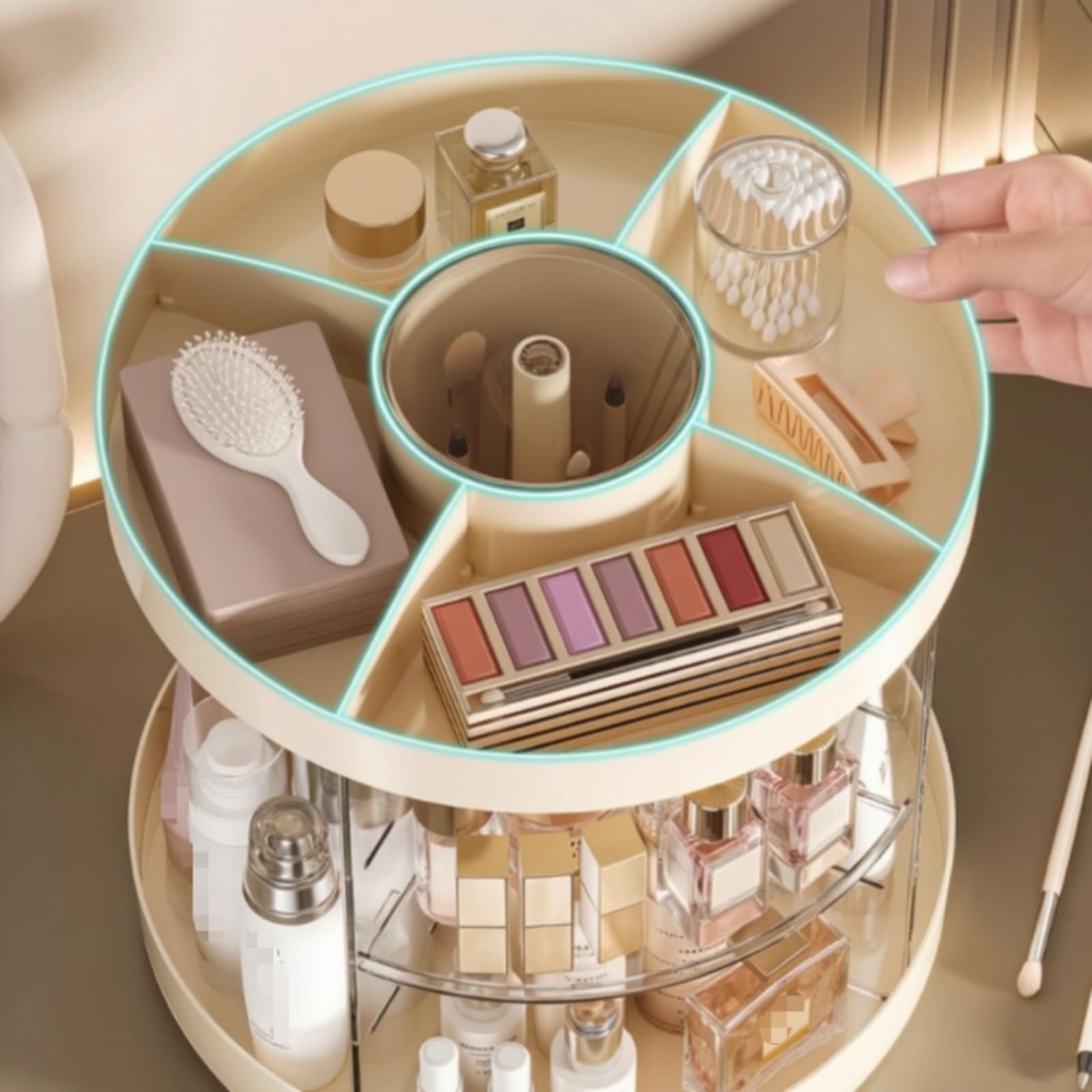 rockible Organizador Giratorio Maquillaje Acceso Rápido Organizador Cosméticos con Compartimentos Morno Brochas Maquillaje para Tocador