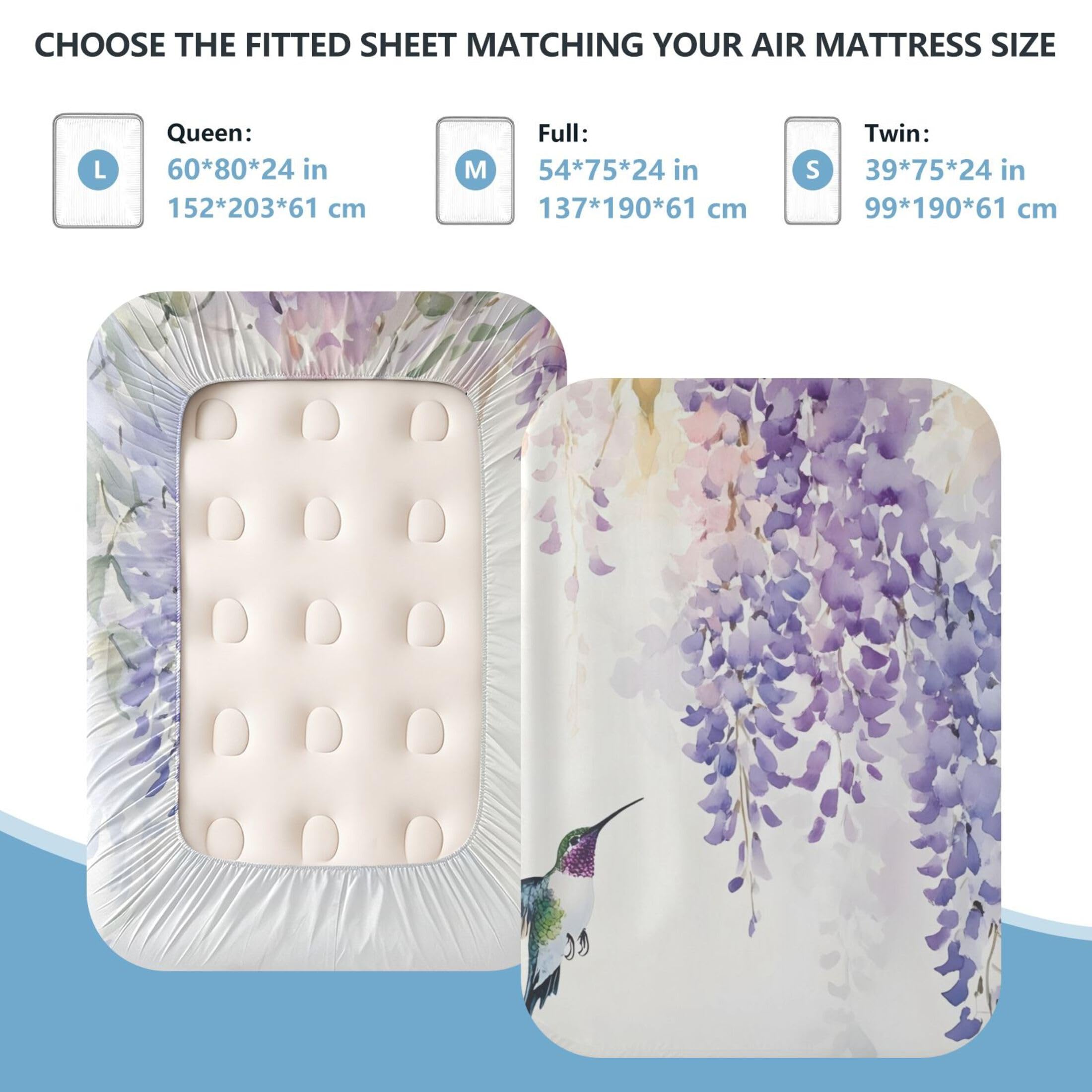 Sábana bajera ajustable de tamaño individual con diseño de flores de glicina de acuarela para colchón de aire, bolsillo extra profundo de 24 pulgadas, funda suave y transpirable con apertura