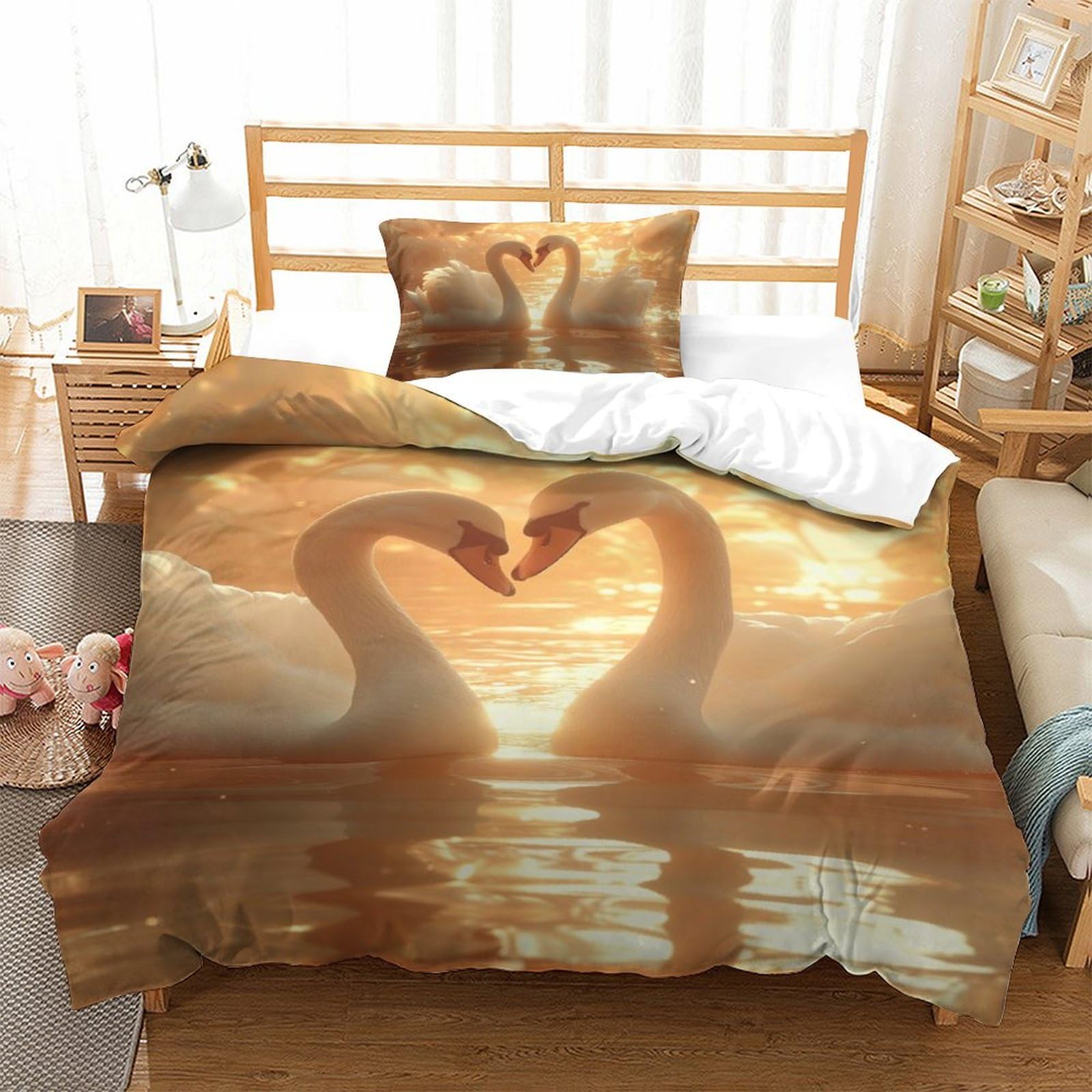 Parure de lit cygne en microfibre housse de couette 135x200cm avec taies d'oreiller pour lit simple
