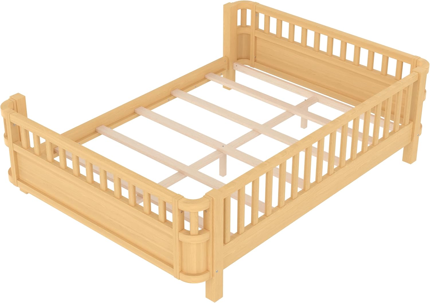 Ball & Cast Full Size Platform Bed Frame for Kids, Wooden Daybed with Detachable Safety Rails and Rounded Corners, Montessori Bed with Headboard for Boys,Girls,No Box Spring Needed,Natural