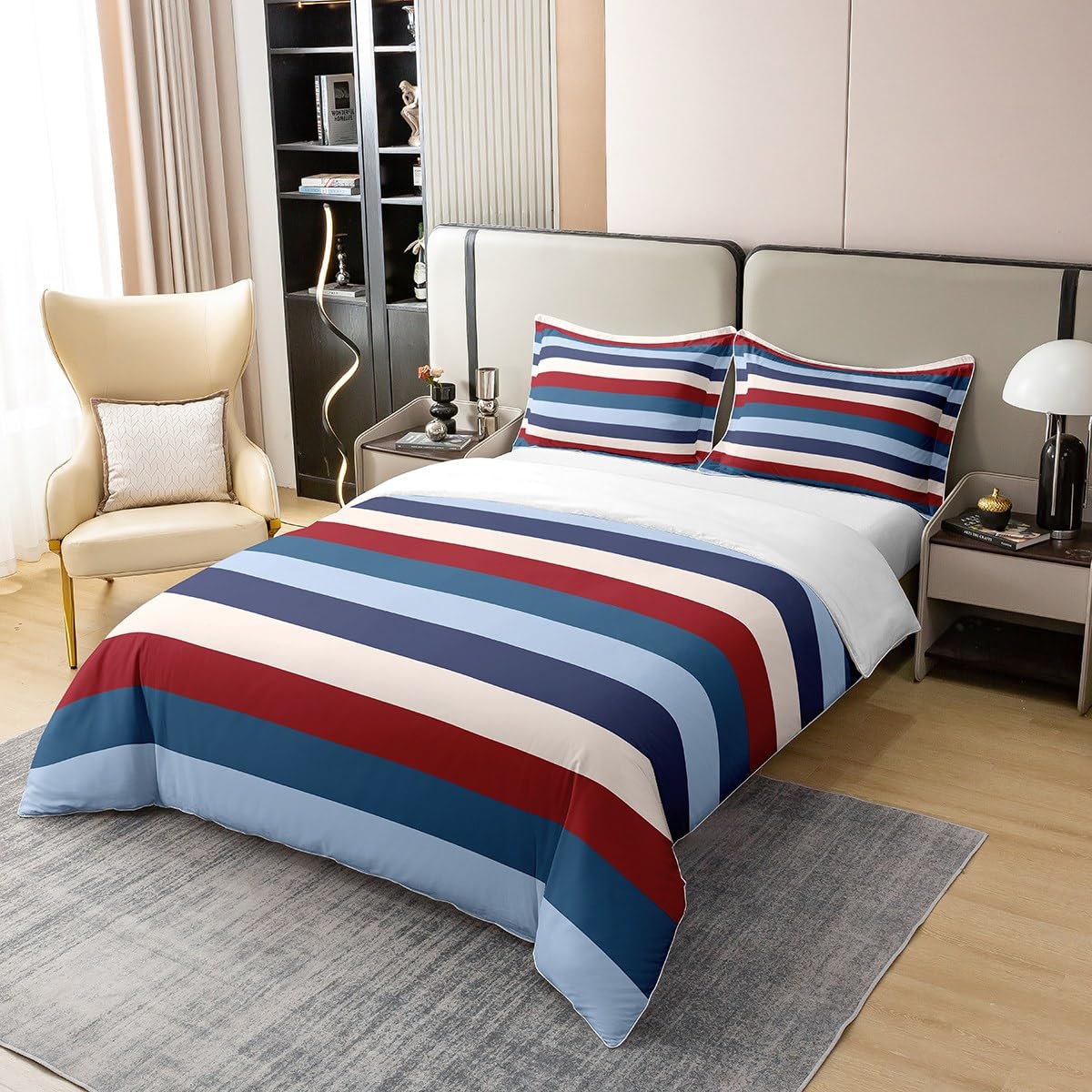 Homewish - Set copripiumino in cotone 100% lavato, motivo a righe bianche e turchesi, colore: blu navy e verde, per letto matrimoniale, con motivo patchwork pastello, biancheria da letto per camera da