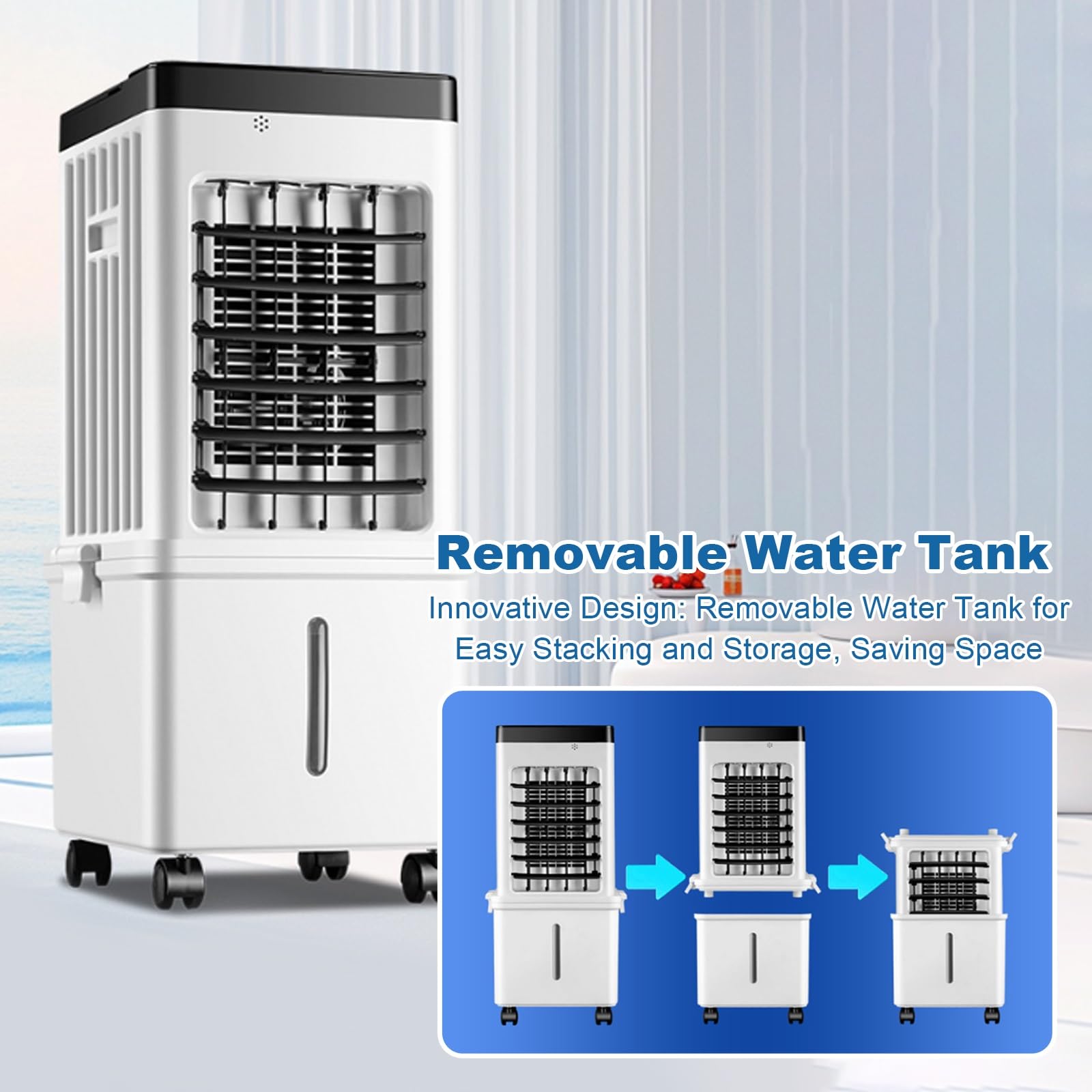 Climatizador Evaporativo Portátil de 3 Velocidades, Enfriador de Aire Silencioso con Llenado Superior, Ruedas y Acumuladores de Hielo para Habitación, Hogar, Oficina