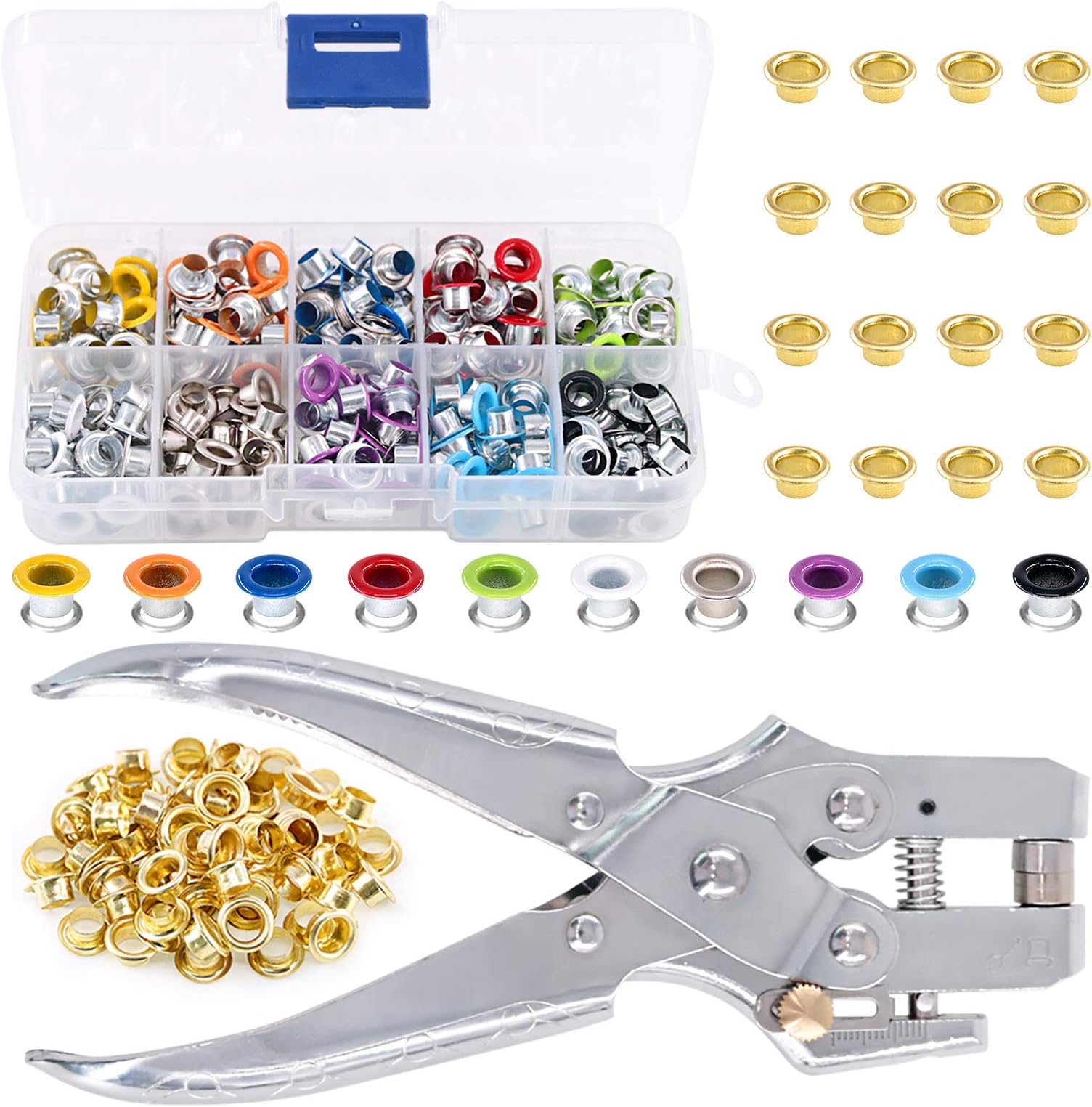 Swpeet S664 300Pcs 10 Colors 3/16 inch Metal Grommet Kit and Eyelet Hole Punch Pliers with 100Pcs Gold Grommets, Metal Eyelet Kits for Leather Fabric Belt Clothes