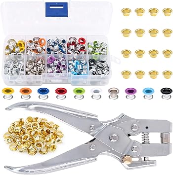 Swpeet 300Pcs 10 Colors 3/16 inch Metal Grommets Kit and 1Pcs Eyelet Hole Punch Pliers with 100Pcs Gold Grommets, Metal Eyelets Kits Shoe Eyelets Grommet Sets for Leather Fabric Belt Clothes