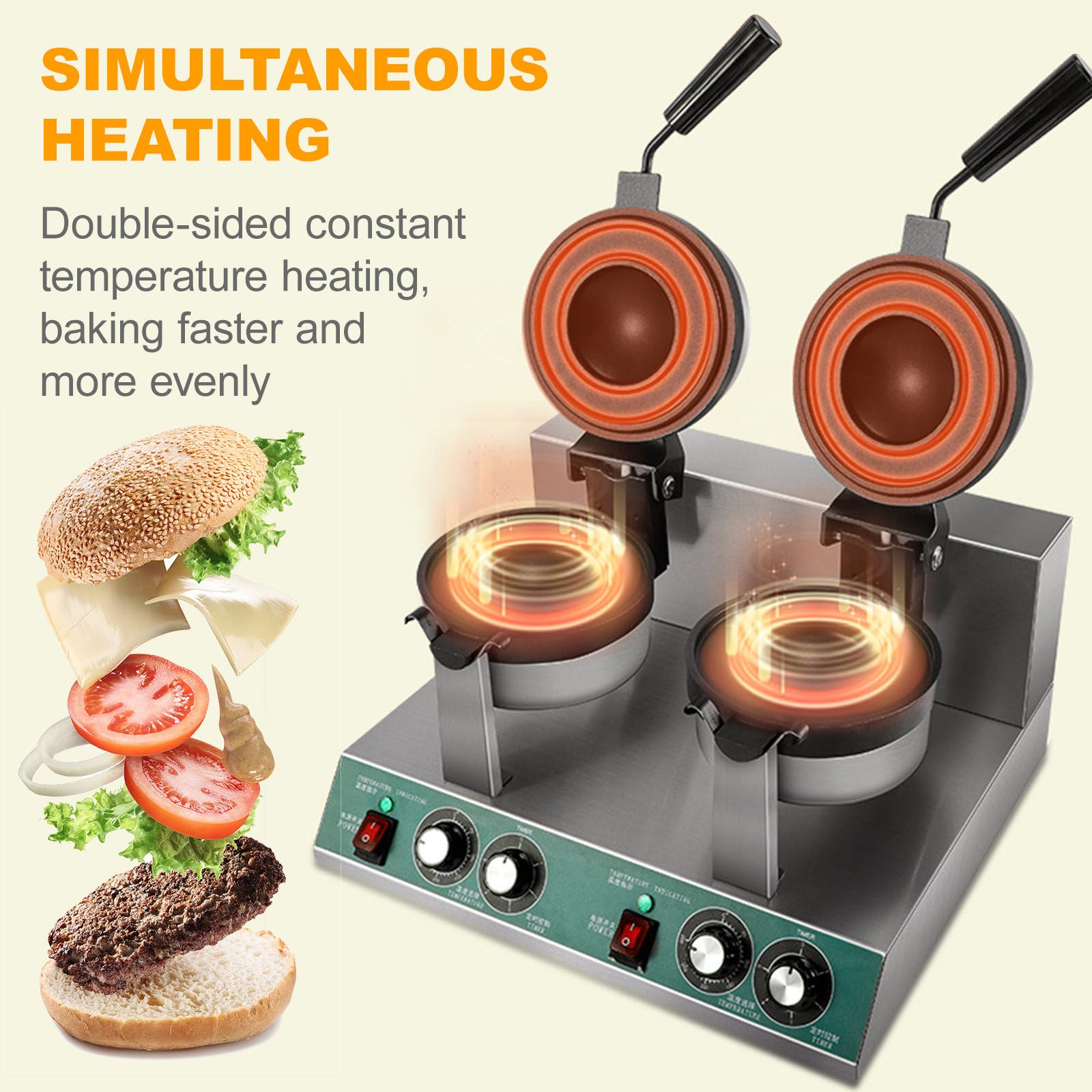 Kommerzieller Burger-Waffel-Bäcker, 1300 W, antihaftbeschichtete elektrische Burger-Presse, Temperaturregelung 50–300 °C, 5-Minuten-Timer, runder Toastie-Maker mit tiefer Füllung,Single