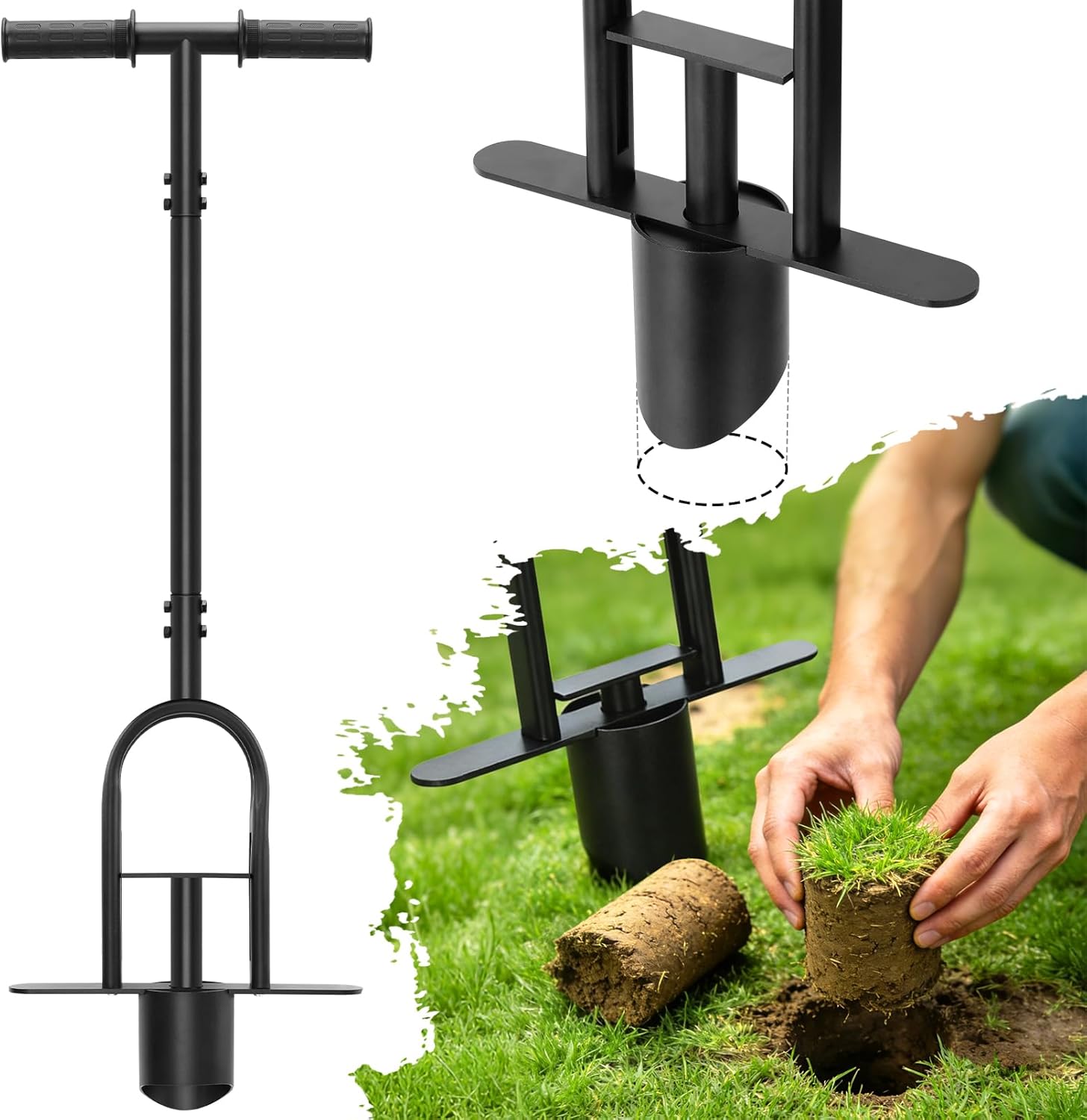 SANLIKE Garden Grass Plugger Tool with Long Handle，Sod Turf Plugger Steel Bulb Planter with Soft Rubber Grip，Heavy Duty Planter Tool for Digging Holes, Turf Repair, Seedling Transplanting