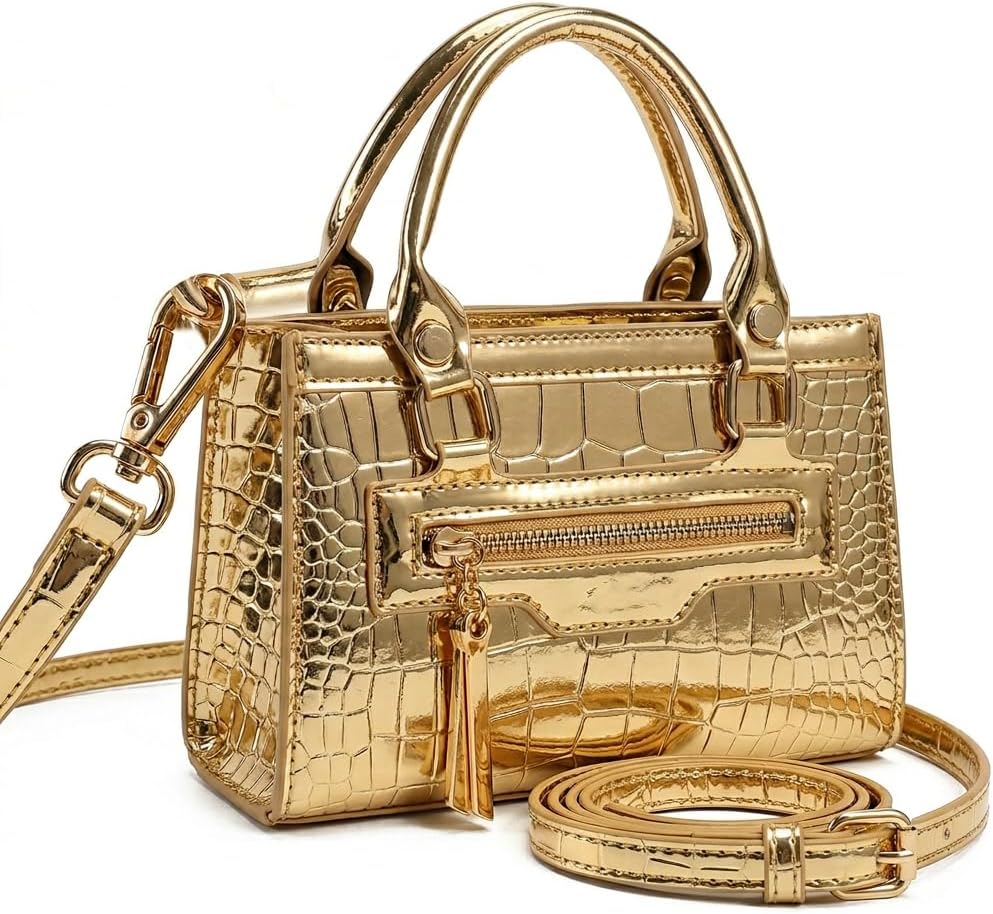 Small Metallic Crossbody Purse Bag for Women, Y2K Crocodile Mini Handbag with Sturdy Strap for Concert Evening Party