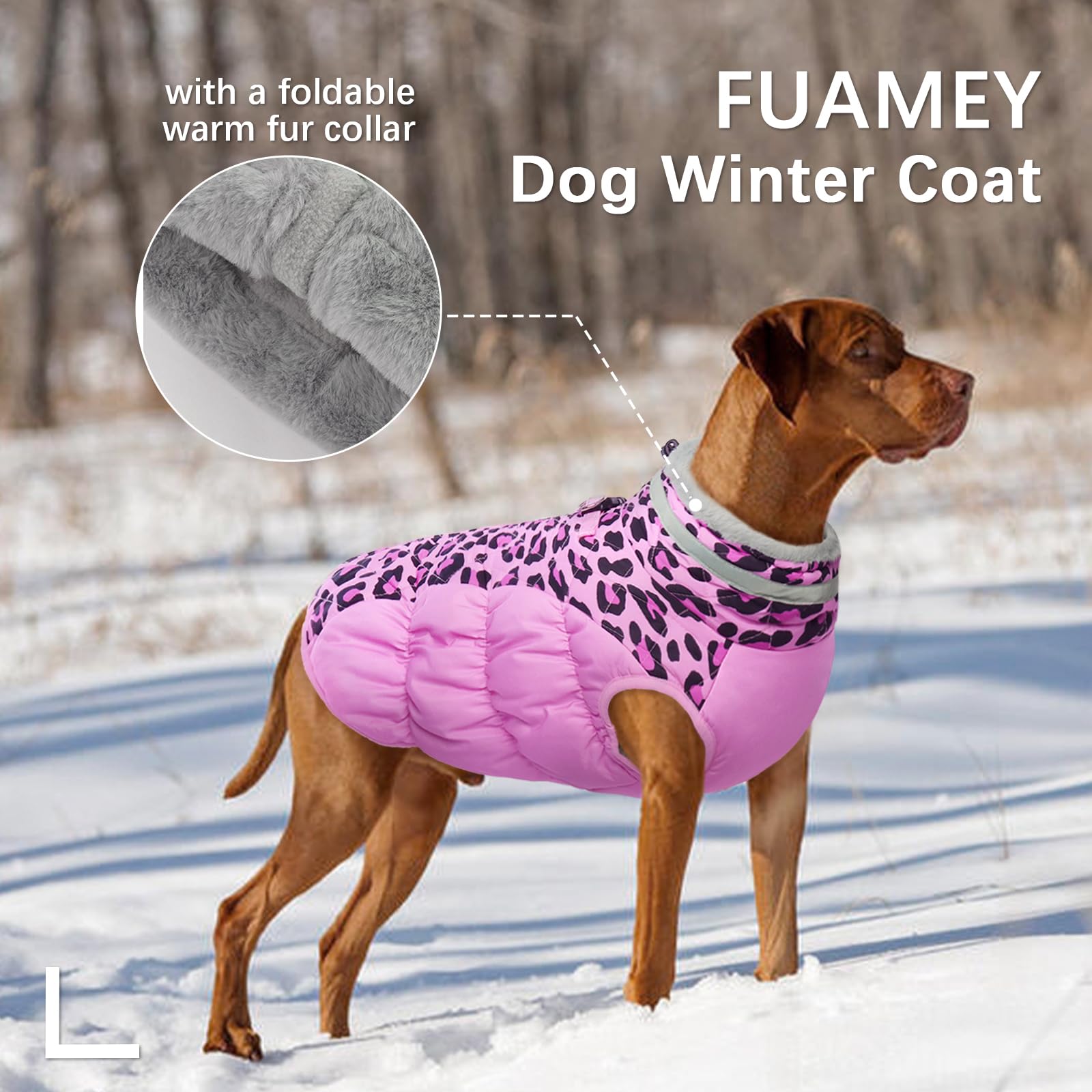 FUAMEY Abrigo de invierno para perro, chaqueta para clima frío con cremallera, arnés integrado, chaleco acolchado, resistente al agua, reflectante, leopardo rosa, S/M/L/XL