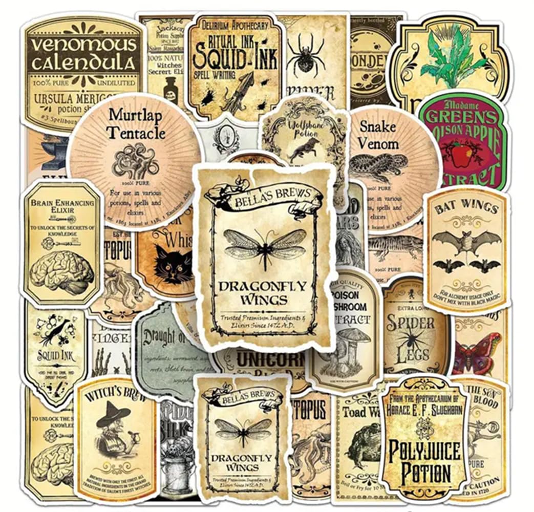 CAA Trading™ Pack of 50 x Vintage Apothecary Waterproof Vinyl Stickers Witches Spells Potion Poison Gothic Halloween Sticker (50 Stickers)