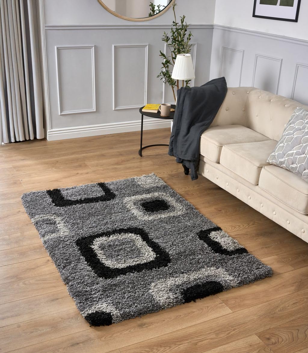 Bravich Large Grey Black and Ivory Cube Boxed Pattern Geometric Square Design Mix Thick Shag 5cm Super Soft High Deep Pile Shaggy Area Rug/Living Room Rug Carpet 120x170 cm (4ft x 5ft6) — image 1