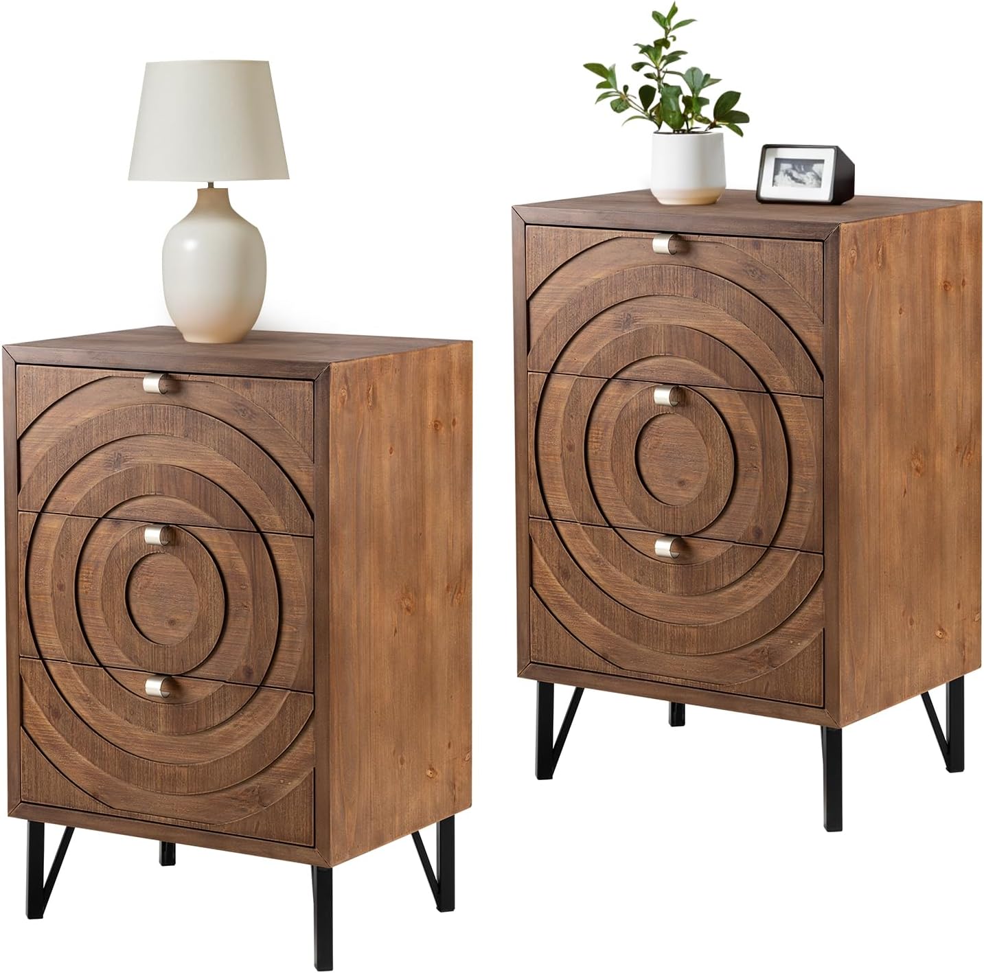 COSIEST Nightstand, Rustic End Table with 3 Drawers, Vintage Wood Bedside Table with Strudy Legs, Modern Side Table Accent Nightstand for Bedroom, Living Room(Brown,2 Pieces)