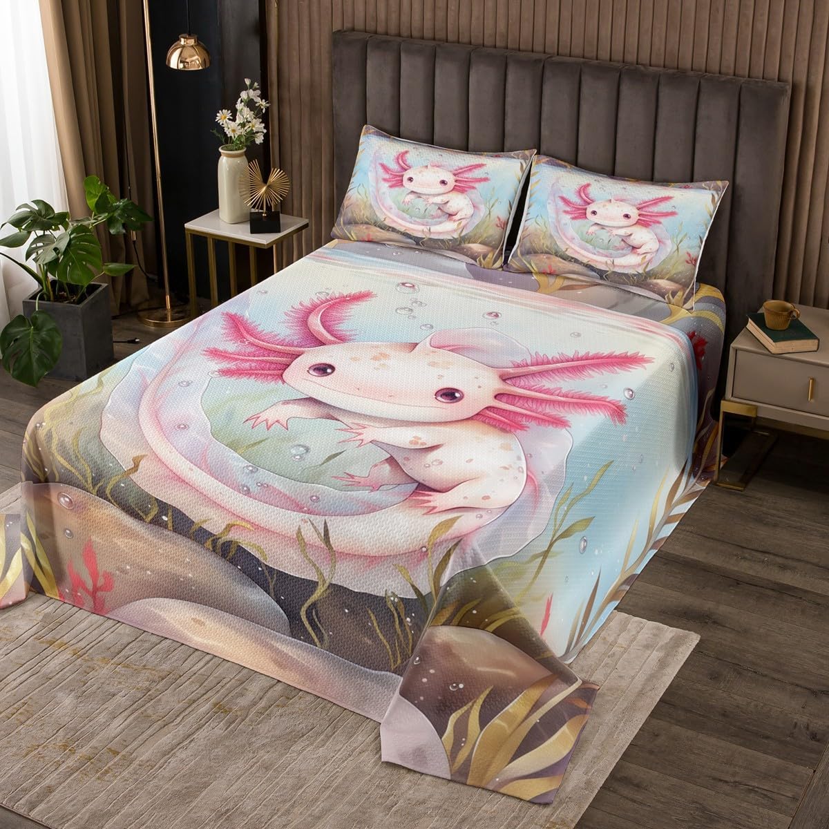 Manfei Axolotl Bedspread Twin Size Bedding for Kids Teens Bedroom Cute Ocean Animal Decor Coverlet Set Undersea World Plant Quilt Set for All Season,2 Pcs with 1 Pillowcase