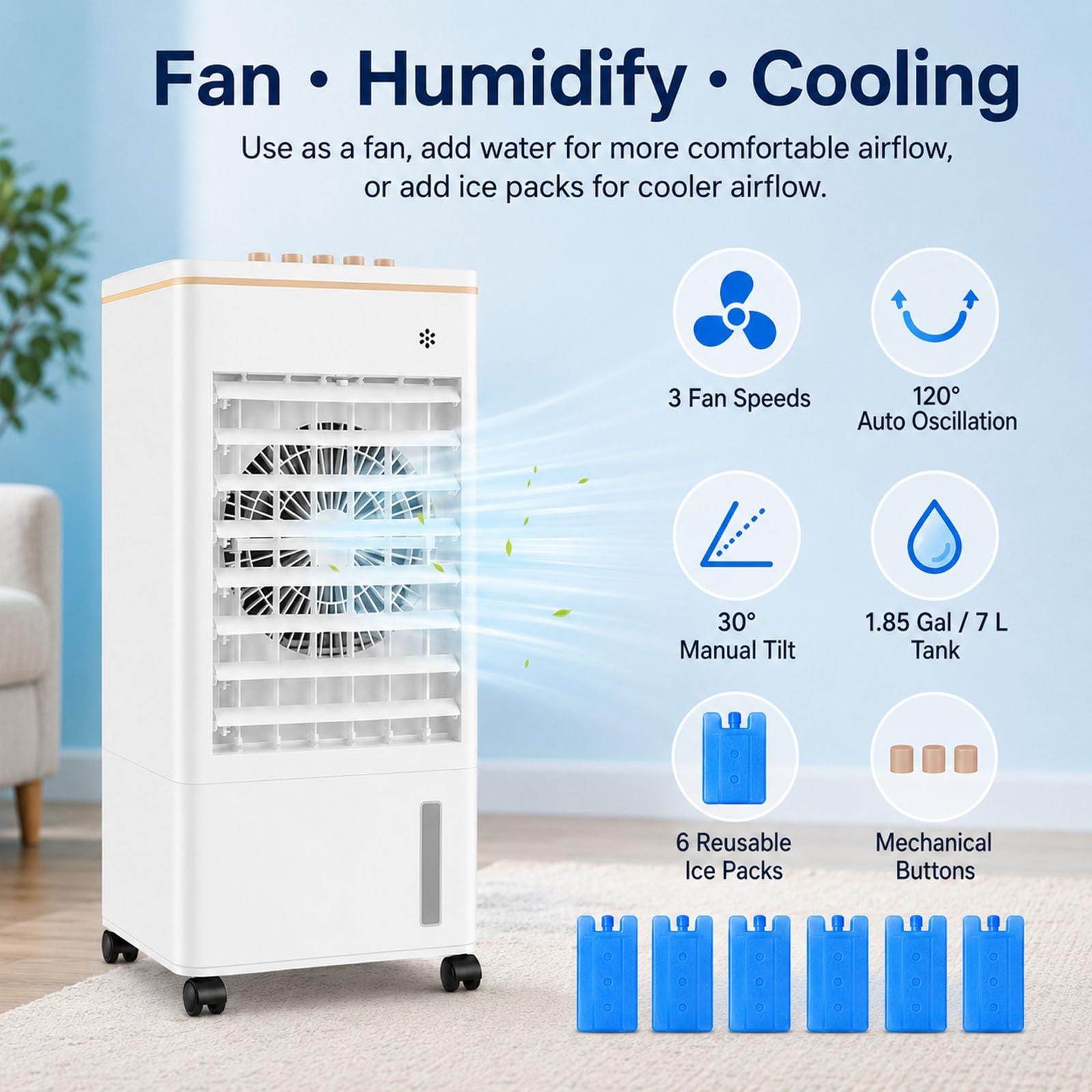Climatizador Evaporativo Portátil 7 L, Enfriador de Aire Portátil Sin Tubo con 6 Bloques de Hielo, 3 Velocidades, Oscilación 120 Grados para Dormitorio y Oficina