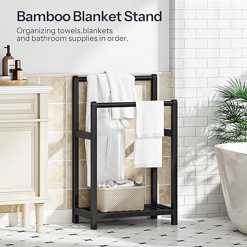 Miniatura 9 de HOOBRO Toallero independiente para baño, estante decorativo de bambú para mantas de 2 niveles, soporte de exhibición de edredón con estante de