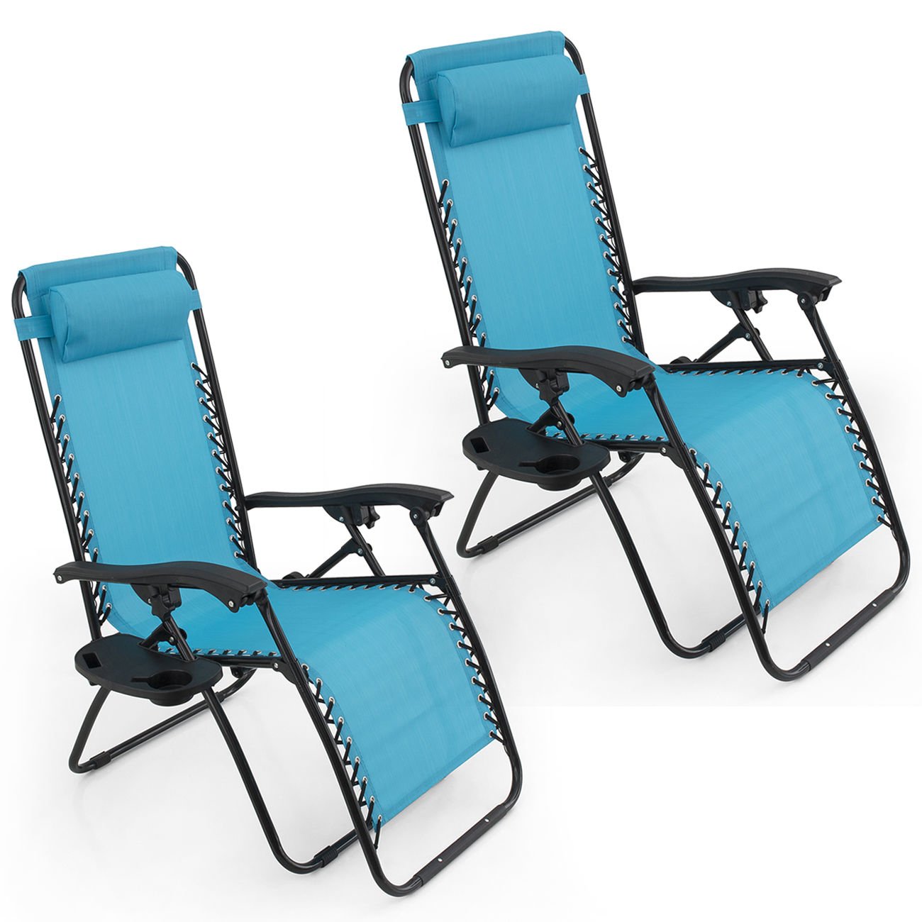 GHP Set of 2 Outdoor Beach Patio 300LBS Capacity Sky Blue Zero Gravity Lounge Recliner Chairs