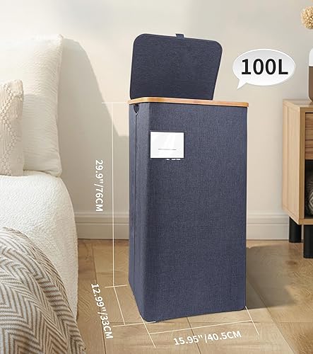 Miniatura 3 de ASKLENS Cesta de lavandería grande con tapa, cesta de lavandería alta de 100 litros con asas de bambú para ropa y juguetes, cesta de lavandería con