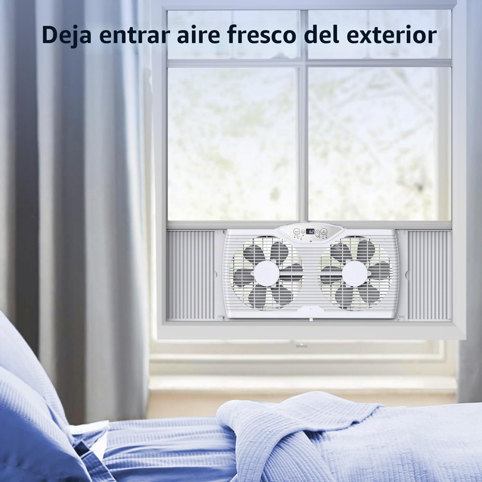 shinic Ventilador de ventana doble con control remoto, cuchillas de 9 pulgadas, flujo de aire reversible, control de termostato, 3 velocidades, 3 funciones, ancho expandible de 23.8 a 37 pulgadas,