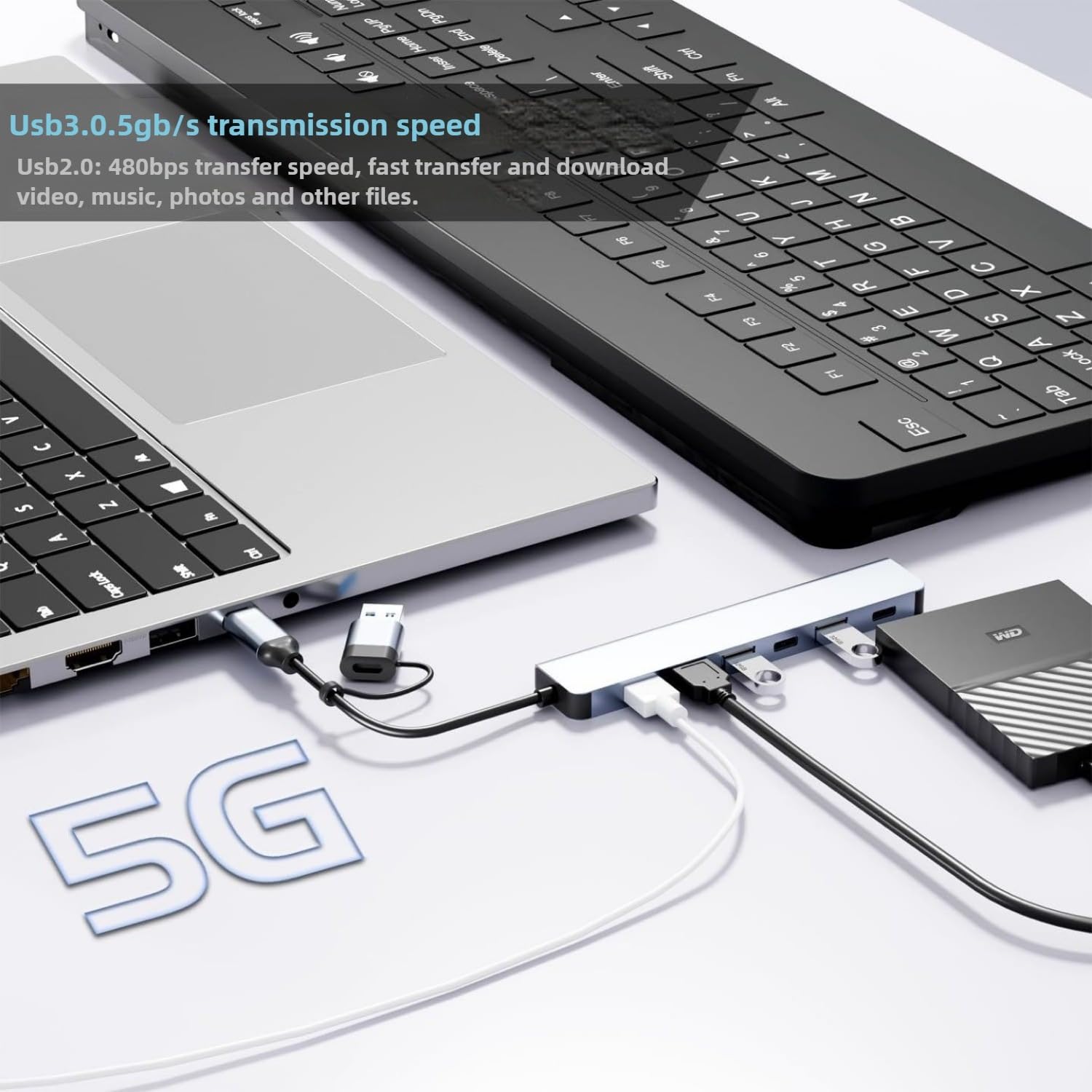 Hub USB 8 en 1, USB A/C vers USB 3.0 USB 2.0, répartiteur USB Portable à 8 Ports, Extension de Station d'accueil USB 3.0 Audio Compatible avec Ordinateur Portable, PC, téléphones